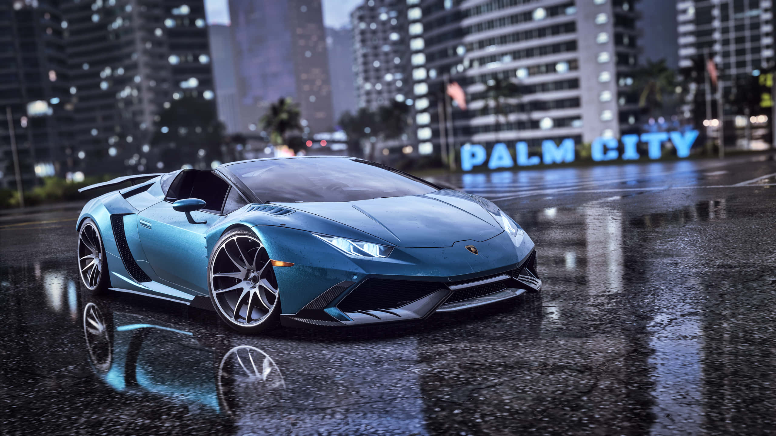 《Need For Speed》背景：棕櫚城 壁紙 — 一輛時尚的藍色林寶堅尼跑車在夜晚的霓虹燈下，在濕漉漉的城市街道上閃閃發光。