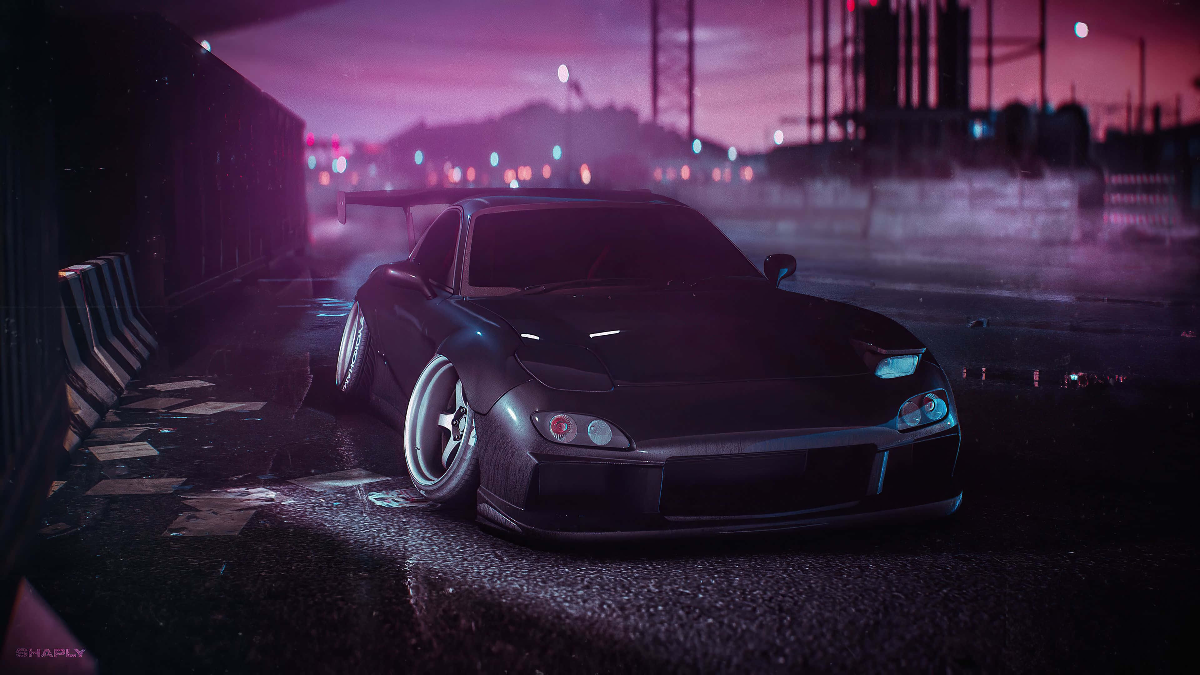《Need For Speed》遊戲中的黑色 Mazda MX-5 Miata 壁紙 — 一輛時尚的黑色跑車，車頭燈閃閃發光，停在濕漉漉的城市街道上，背景是充滿活力的紫色暮色天空。