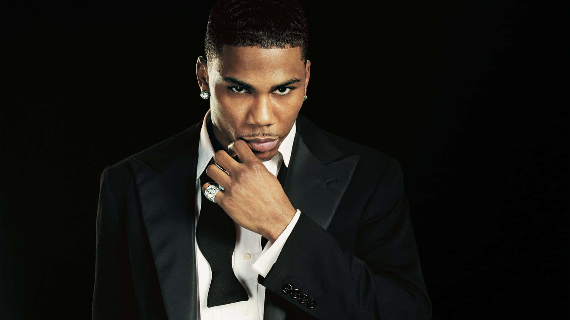 Nelly《Move That Body》音樂錄影帶 壁紙 — 一位穿著黑色燕尾服、打扮俐落的男士，在深色背景下自信地擺出嚴肅的表情。