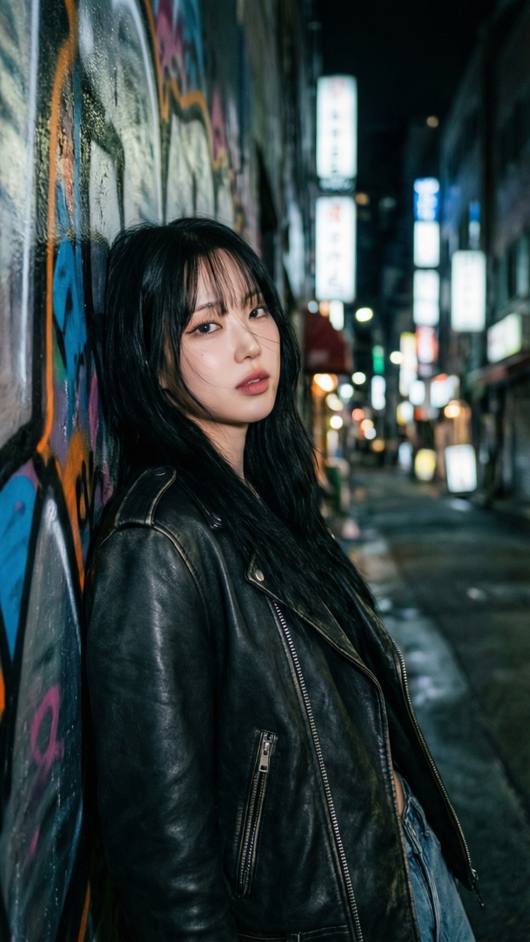 年輕女子穿黑色皮夾克在霓虹燈照亮的城市小巷中靠著塗鴉牆的夜晚