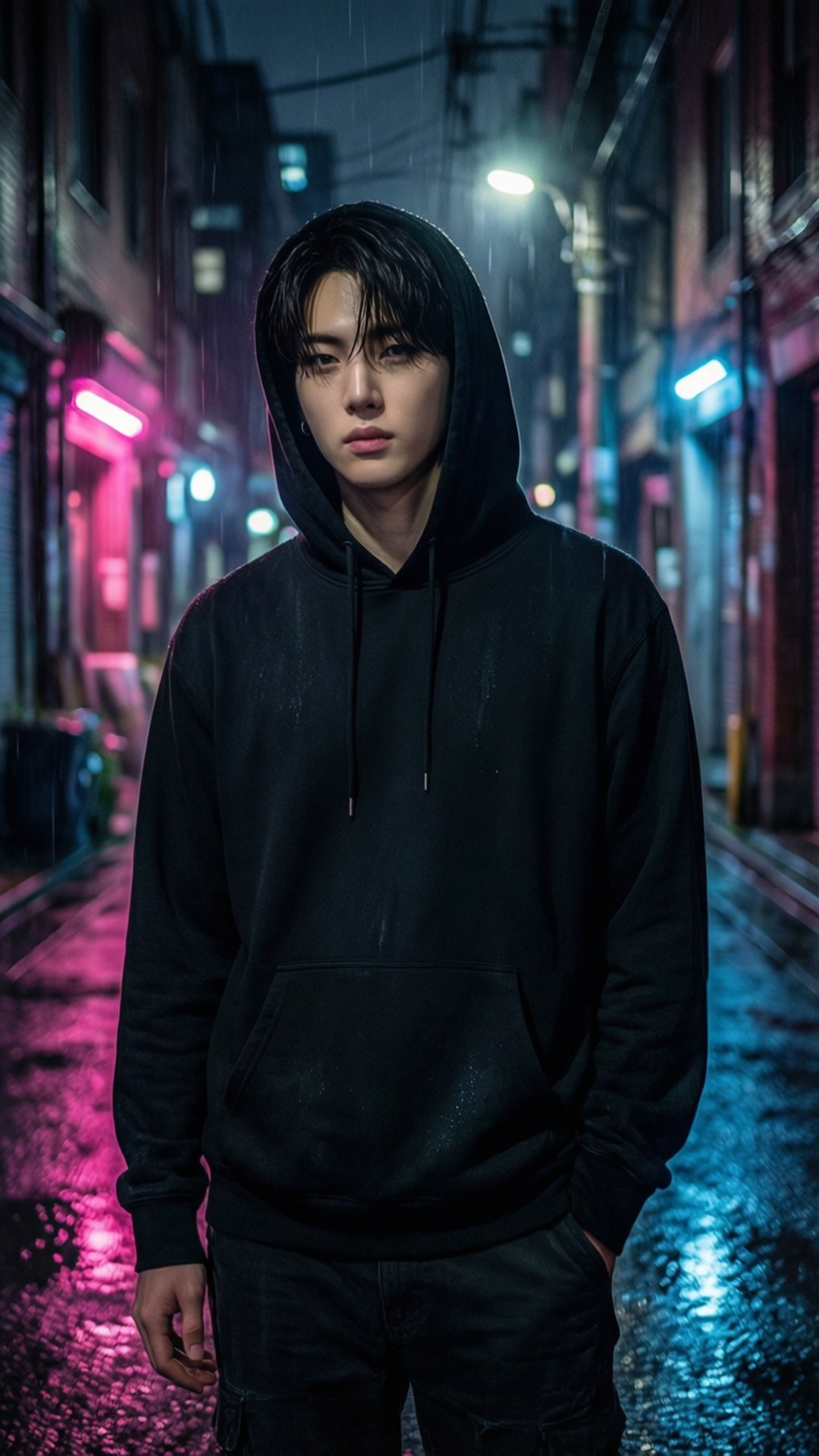 年輕男子穿黑色連帽衫站在雨濕霓虹小巷夜晚