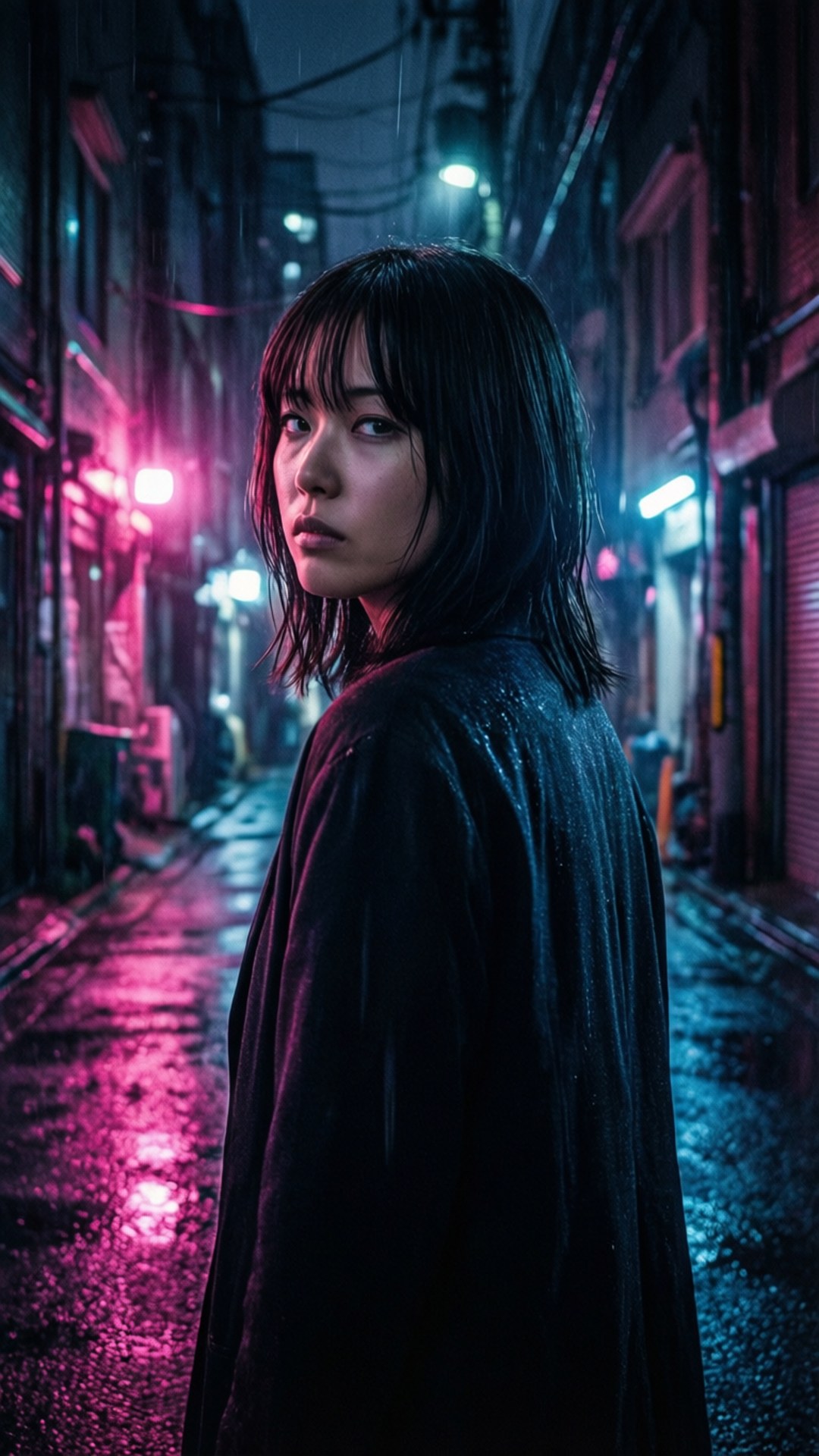 霓虹燈下，雨中小巷裡的女子