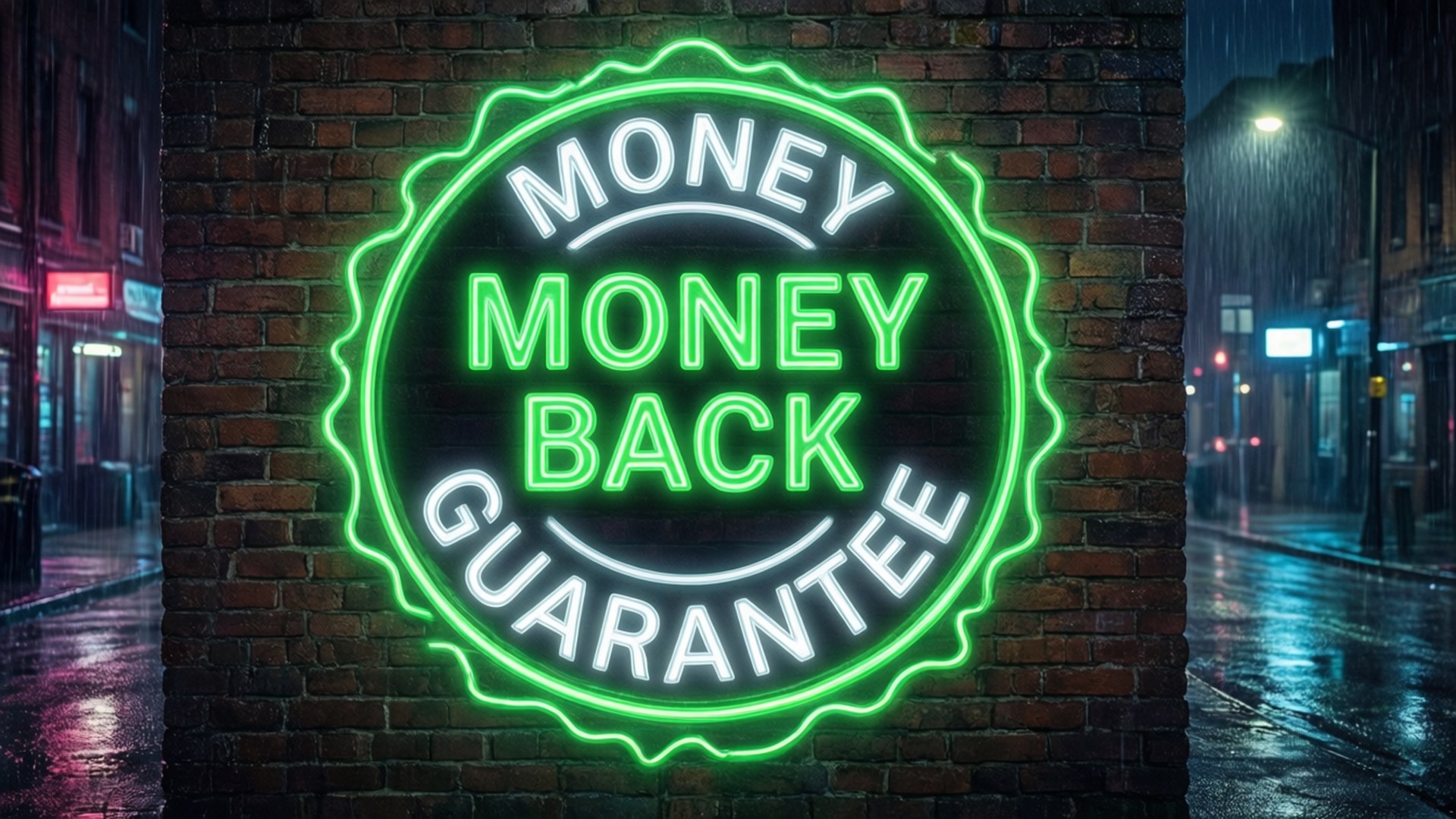 霓虹燈牌 money back guarantee 在雨夜的城市小巷磚牆上發光。