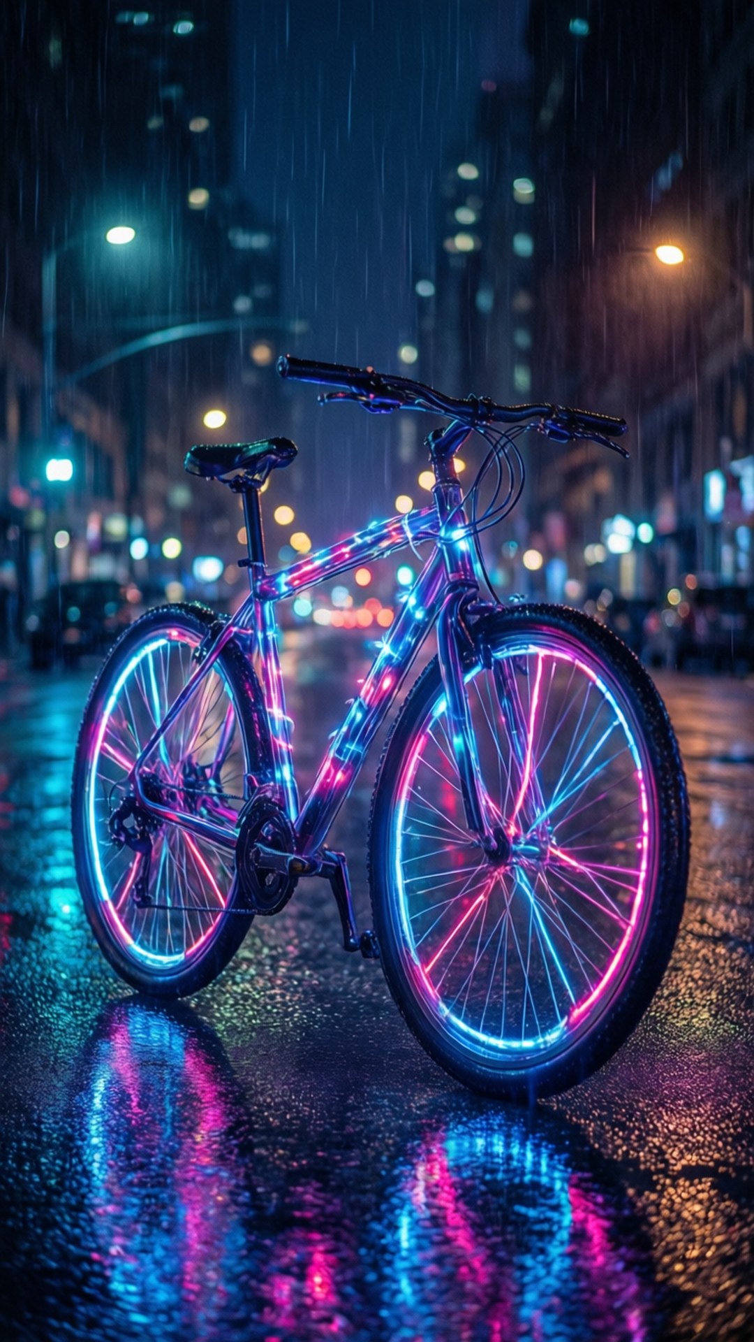 雨夜城市街道上的霓虹自行車，潮濕路面上的發光倒影。