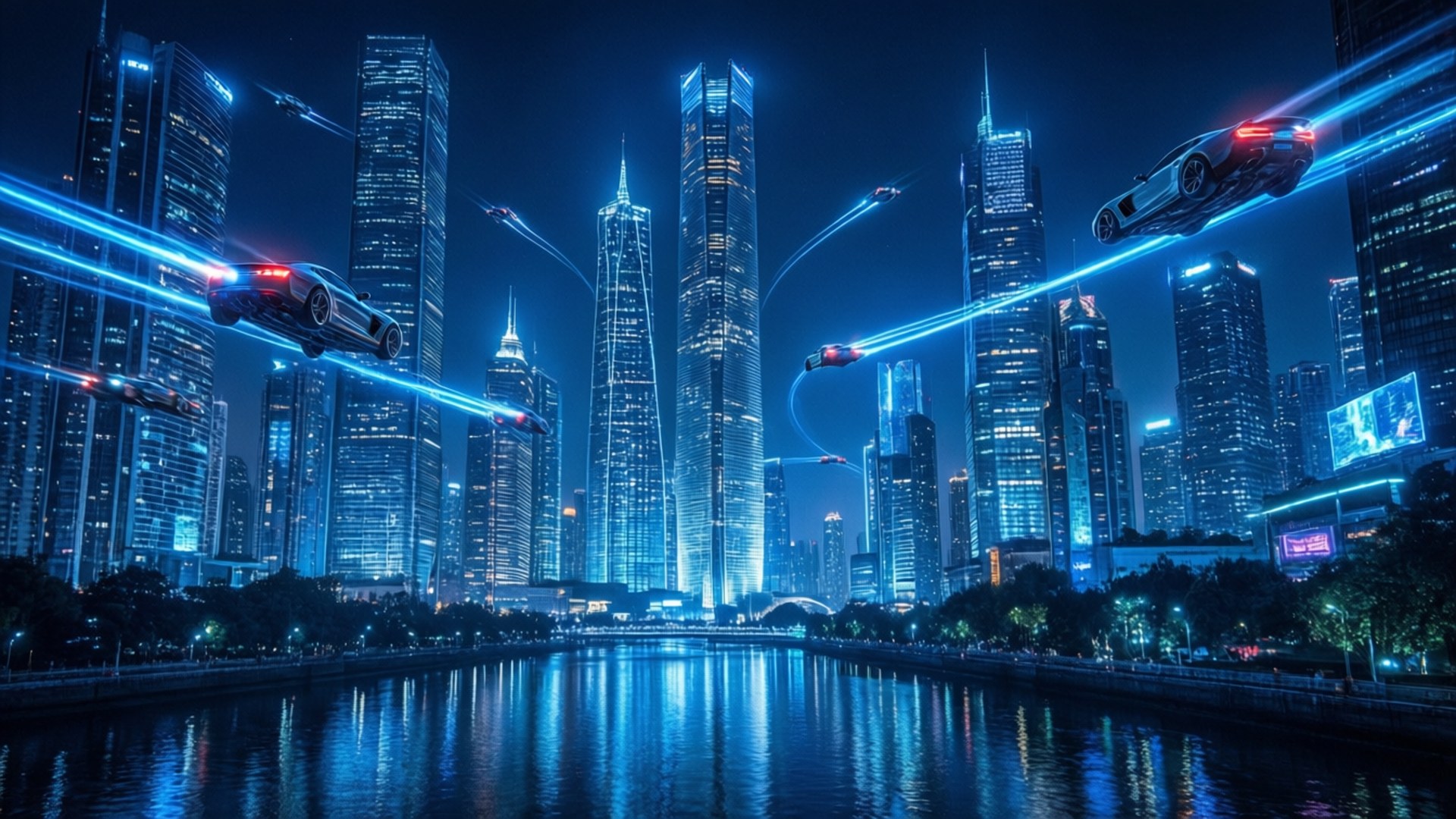 未來飛行汽車在夜晚閃爍的城市上空滑行，摩天大樓倒映在河流中。