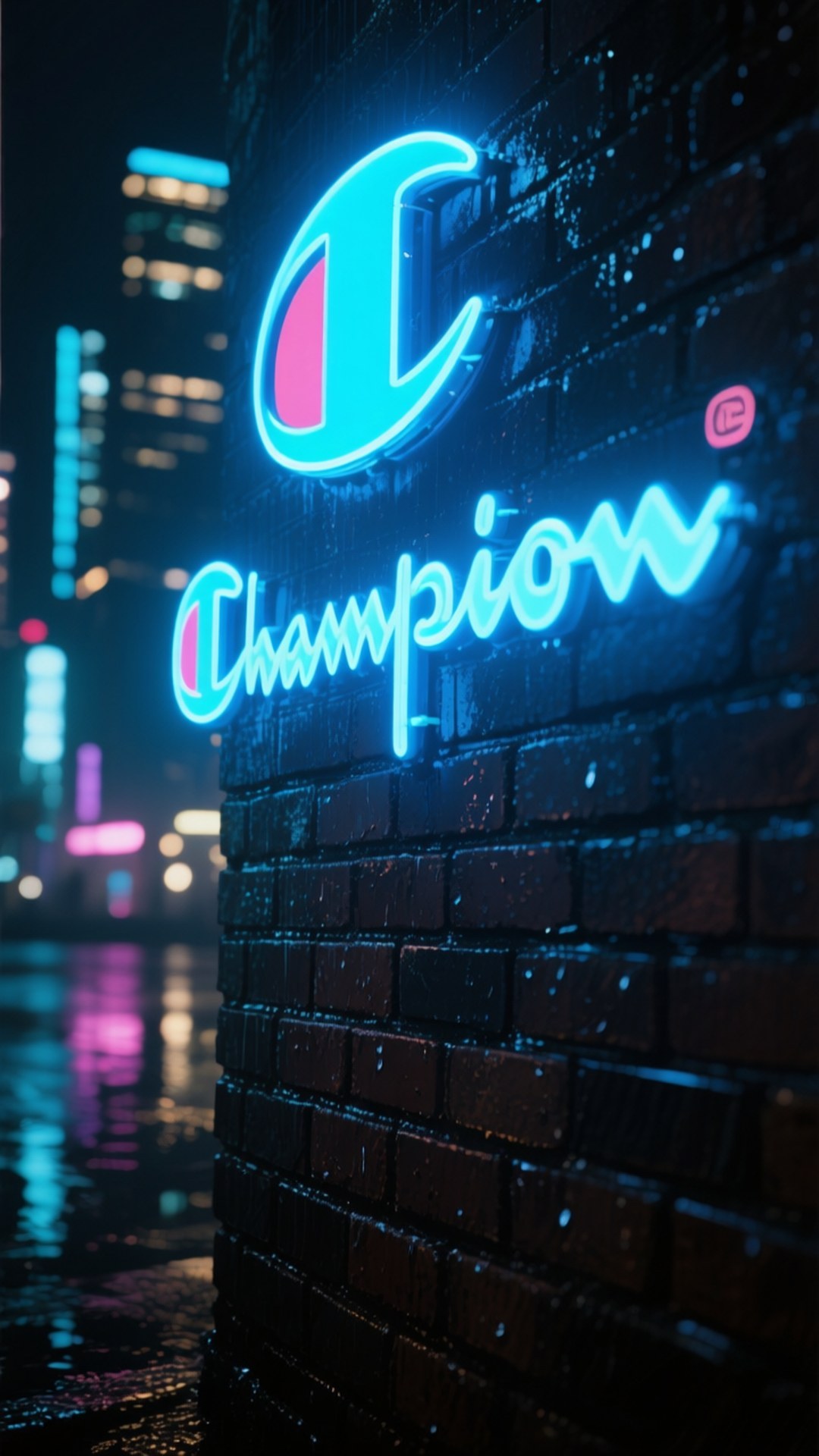雨夜城市中濕磚牆上的Champion霓虹標誌