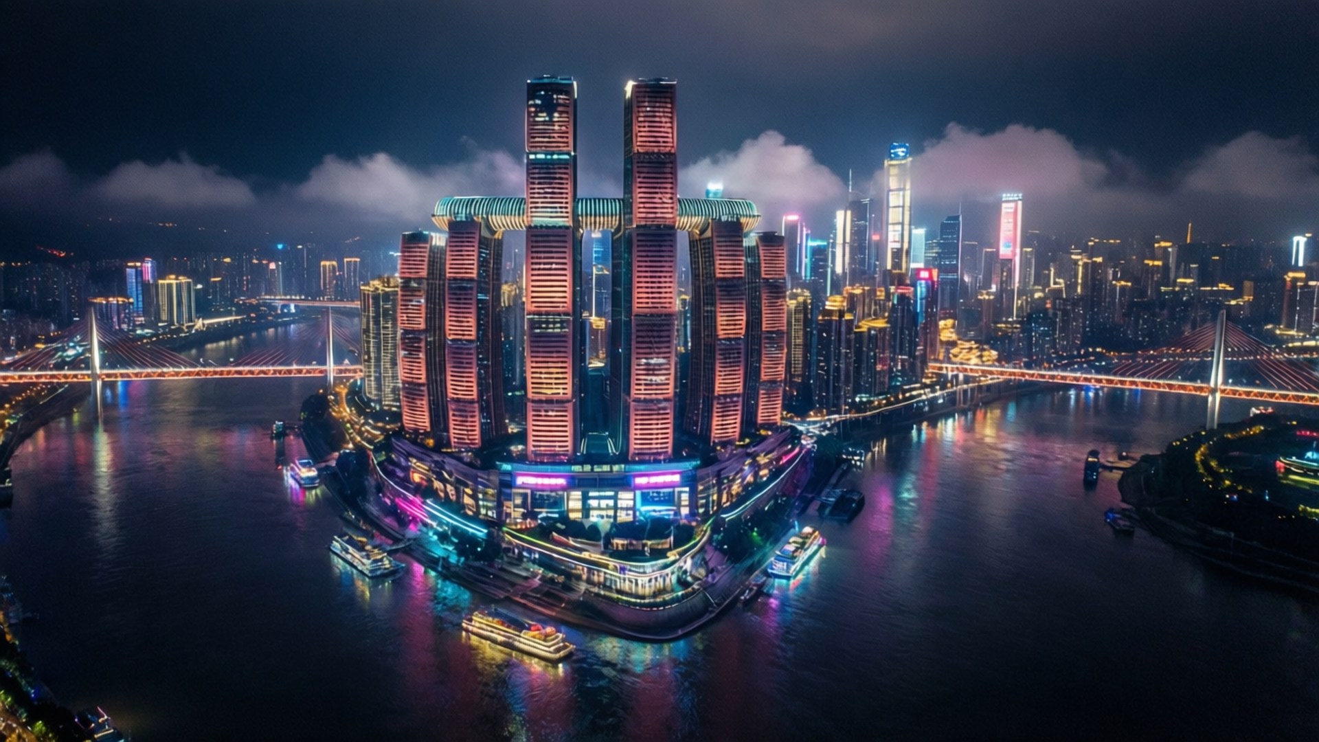 夜晚的重慶城市天際線，發光建築與河流倒影