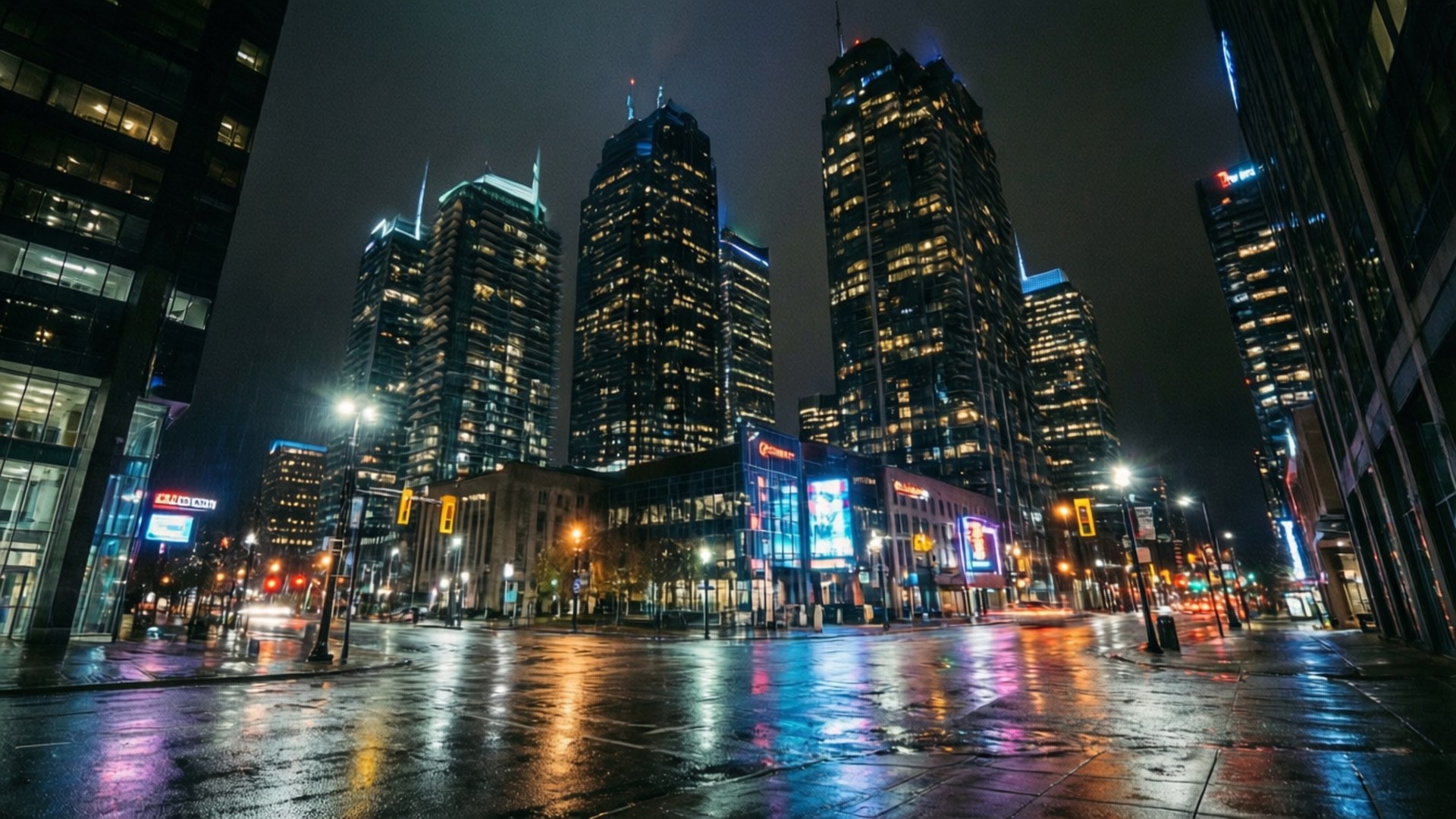 濕漉漉的夜晚城市街道反射著高樓大廈和招牌的霓虹燈光。