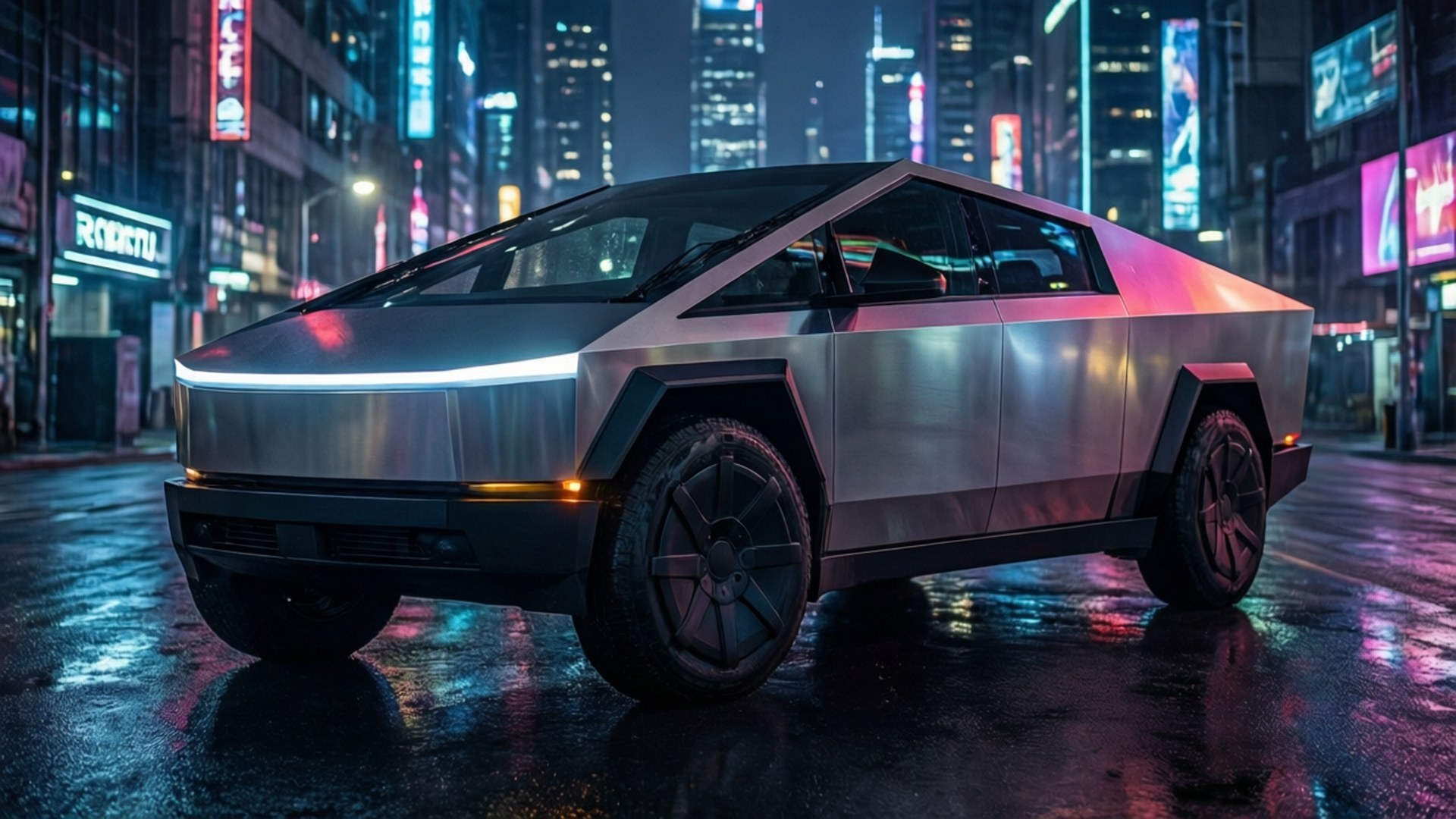 銀色 Tesla Cybertruck 在夜間濕漉漉的城市街道上，在霓虹燈下停泊