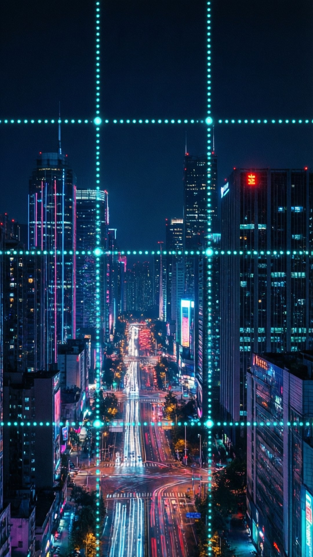 夜晚城市，發光的霓虹燈和數字網格覆蓋建築物和街道。