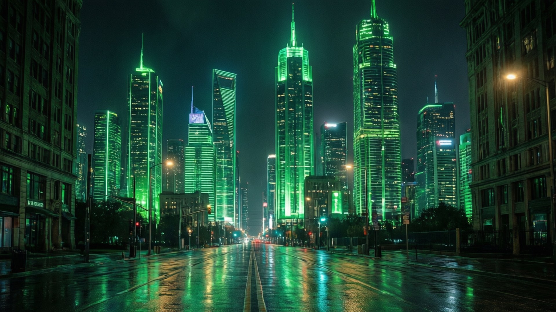 夜晚濕漉漉的城市街道，在黑暗的天空下反射出綠色照亮的摩天大樓