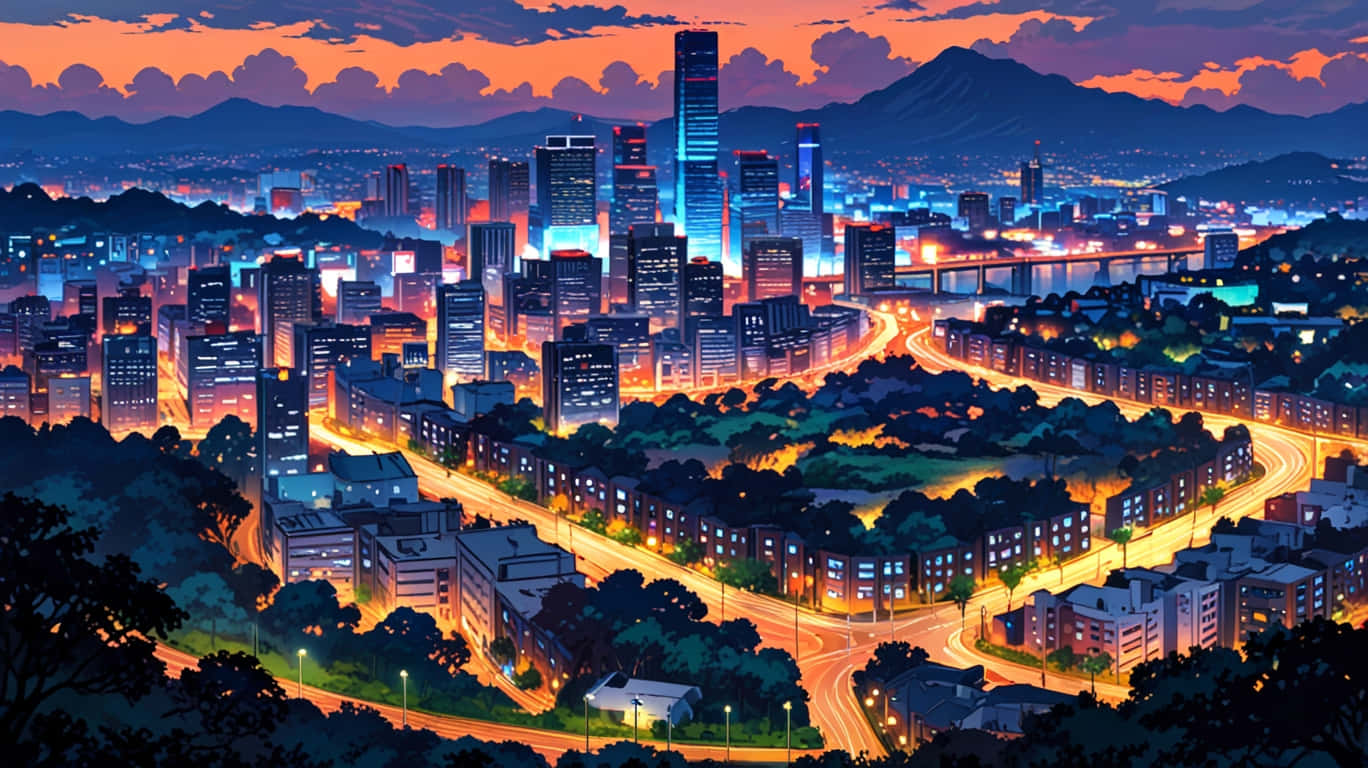 黃昏時分發光的城市，高樓大廈、蜿蜒的道路和背景中的山脈。