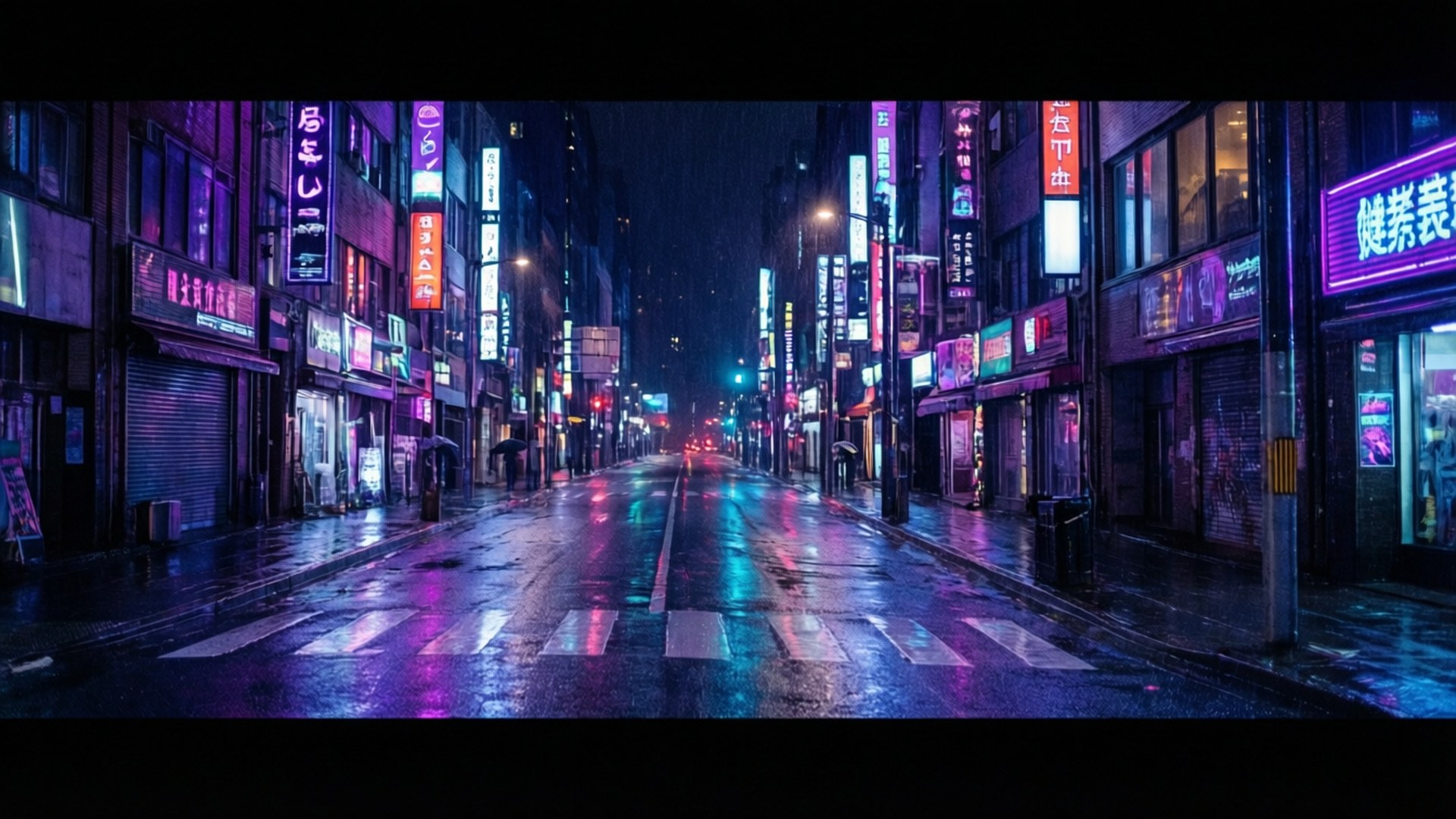 雨夜霓虹燈閃爍的城市街道，有發光招牌和濕漉漉的人行道倒影。