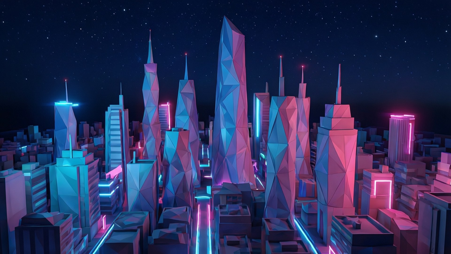 未來城市，在星空下發光的幾何建築。