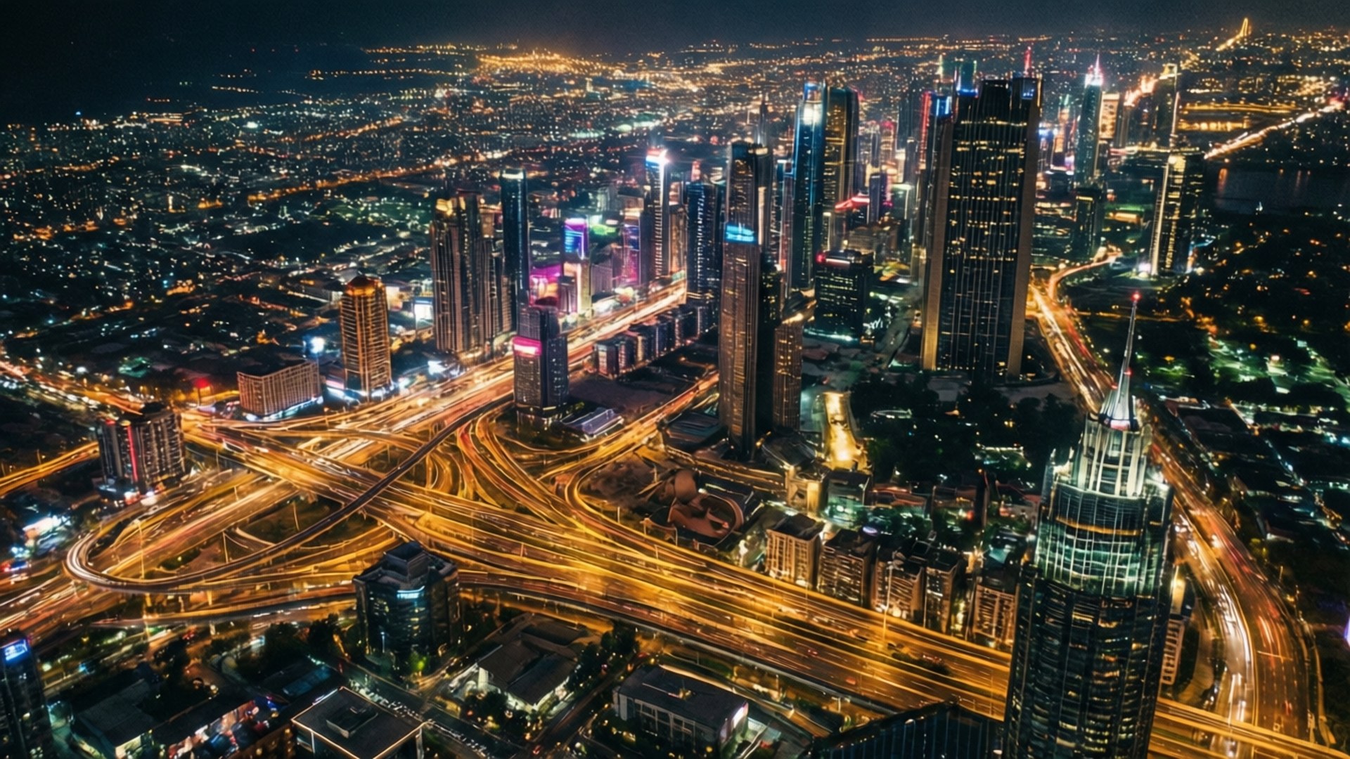 繁華城市的夜間航拍，燈火通明的摩天大樓和發光的高速公路。