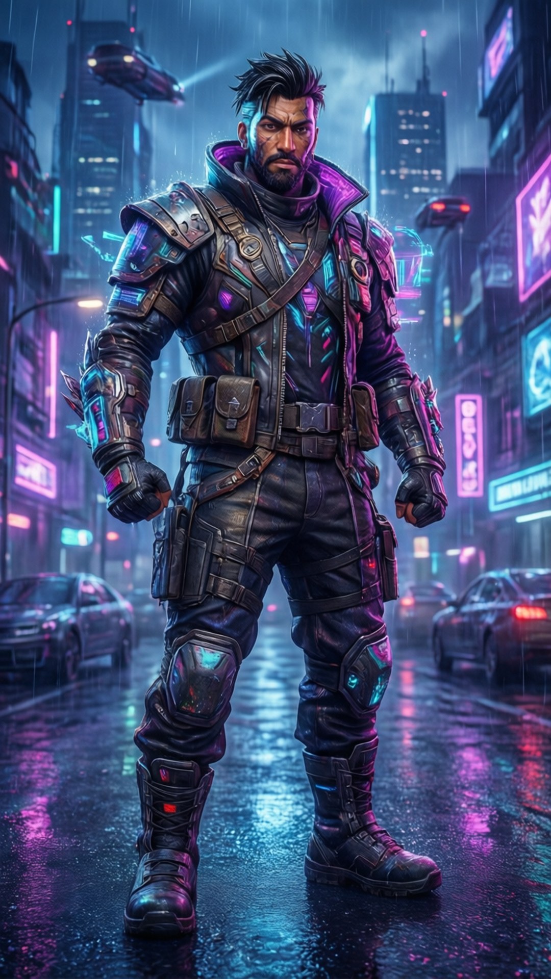 一名身穿發光盔甲的賽博龐克士兵，在夜晚的霓虹雨城中站立。
