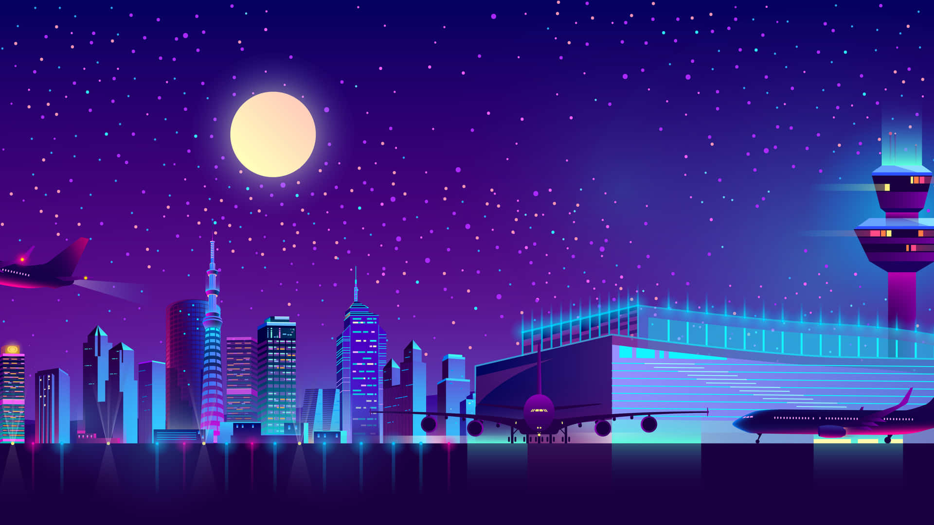  壁紙 — 夜晚霓虹燈照亮嘅城市天際線，發光嘅摩天大樓同飛機喺機場附近，喺滿月同繁星嘅紫色天空下。