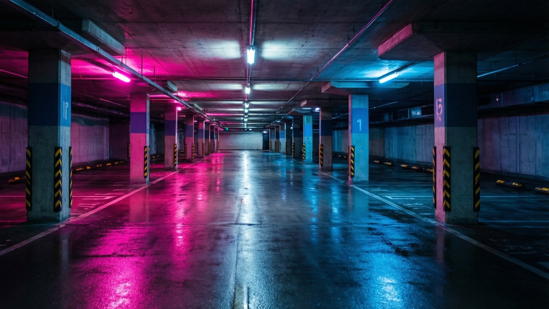 一個空蕩蕩的地下停車場，潮濕的地板反射著粉紅色和藍色的霓虹燈光。