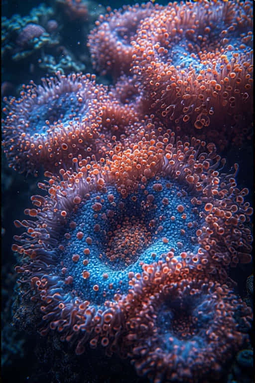 深海水中帶有細小觸手狀結構的發光藍色和橙色珊瑚特寫