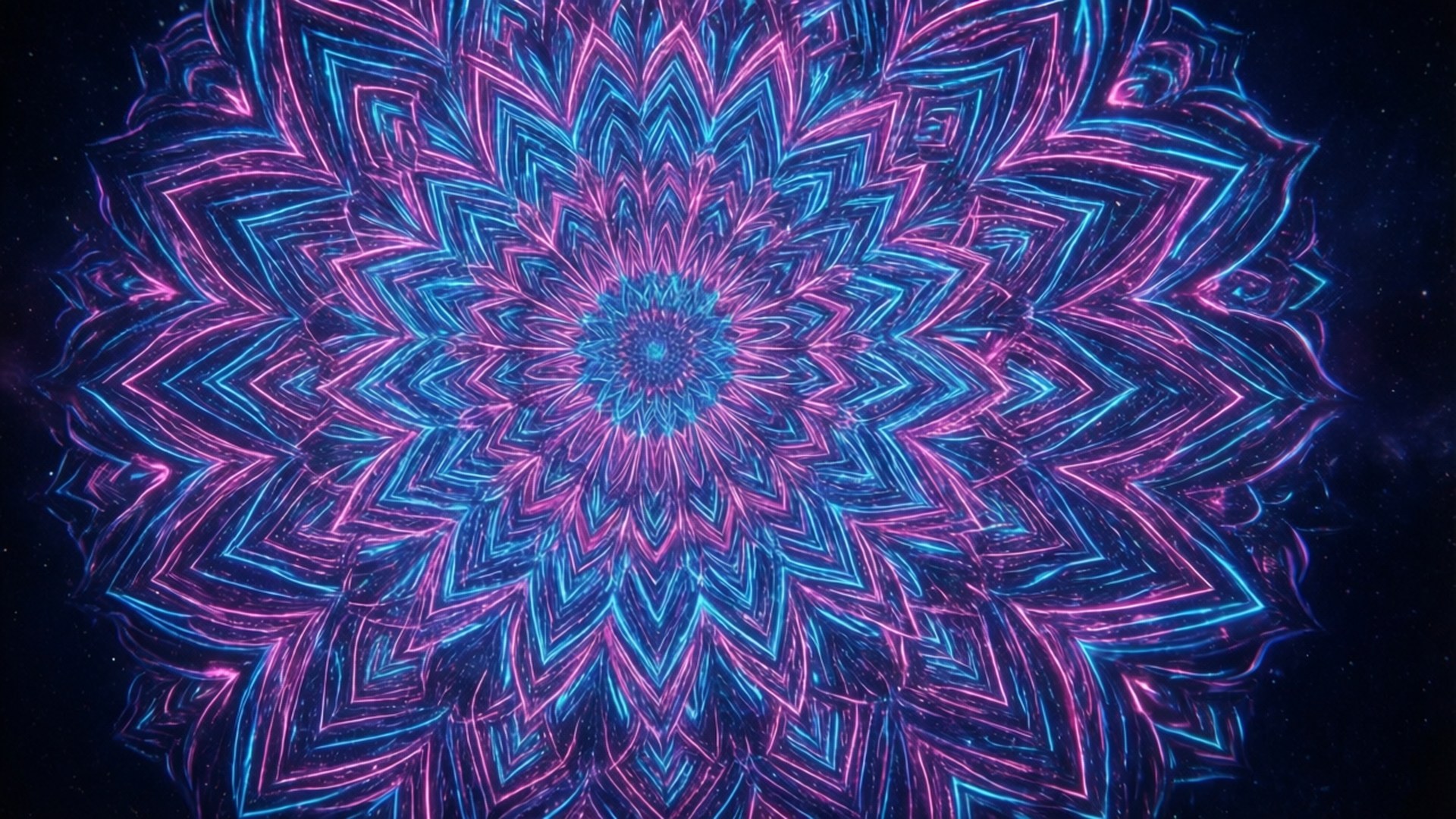 鮮豔的霓虹藍色和粉紅色曼陀羅在繁星點點的太空背景中發光