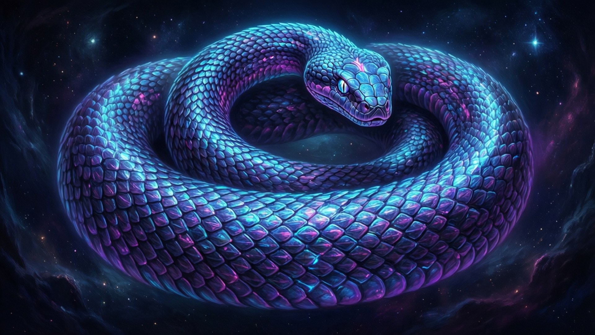 一條發光的藍色和紫色蛇在太空中盤繞，伴有星星和星雲