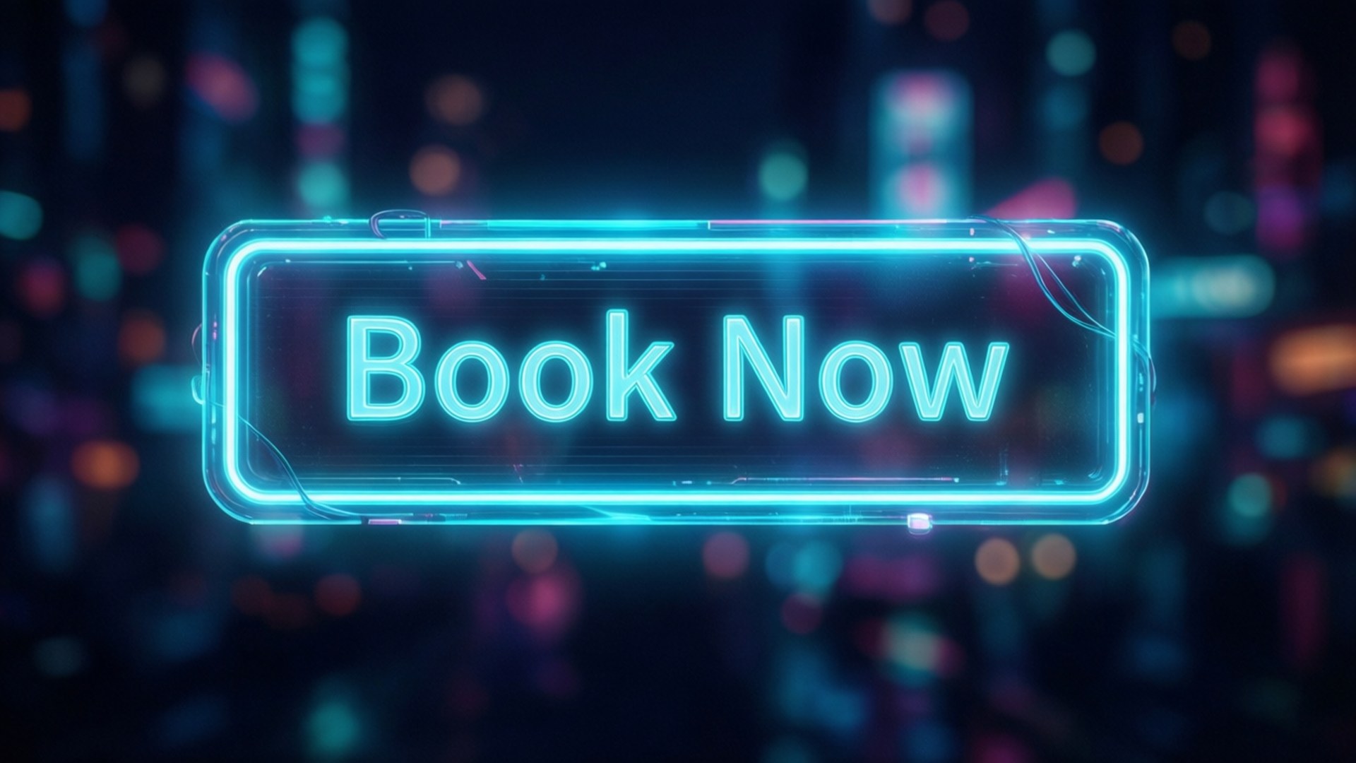 在未來的城市夜晚，一個發光的霓虹燈牌寫著 Book Now。