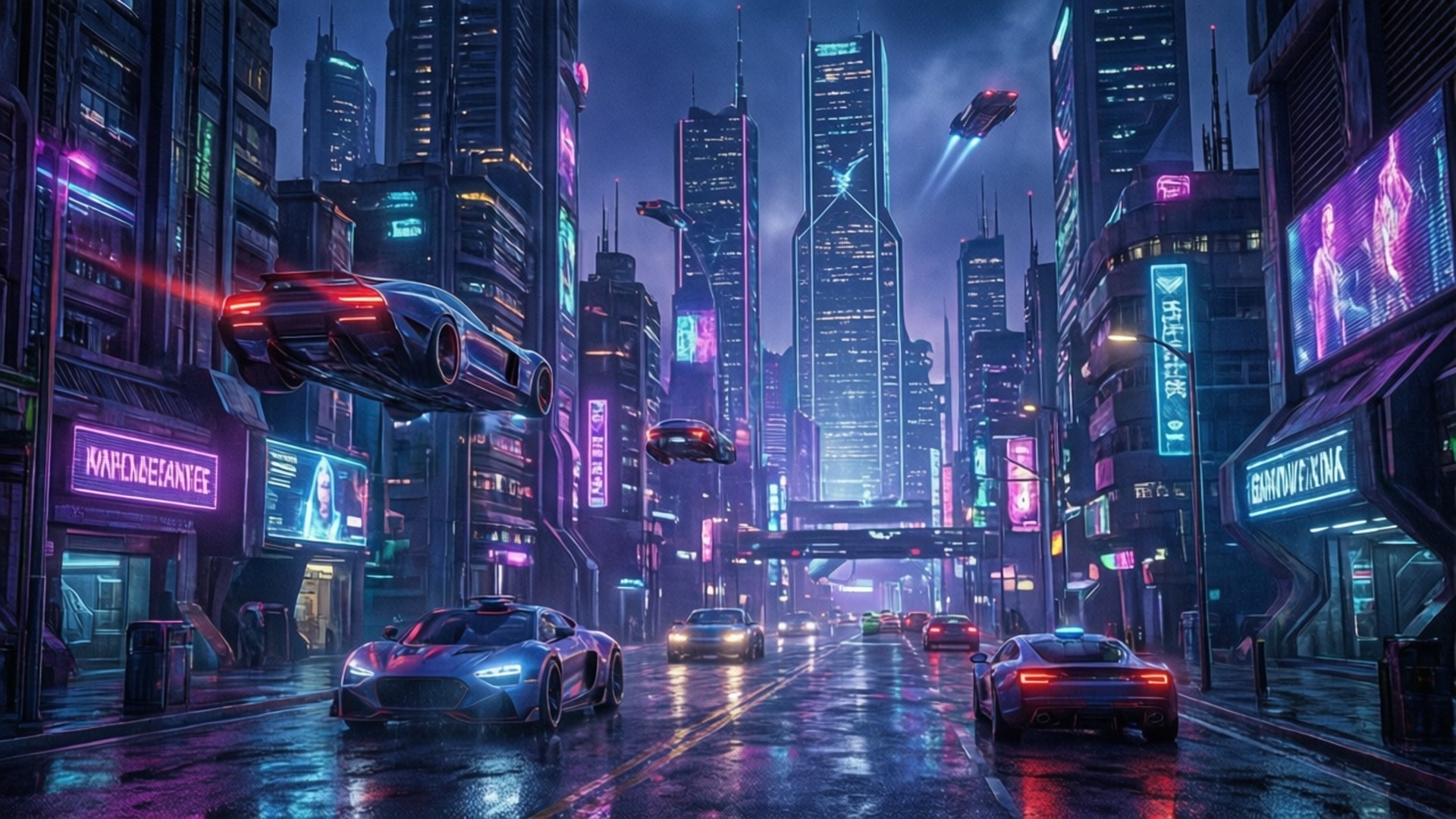 霓虹燈照亮的未來城市，有飛車和高聳的建築物在夜晚。
