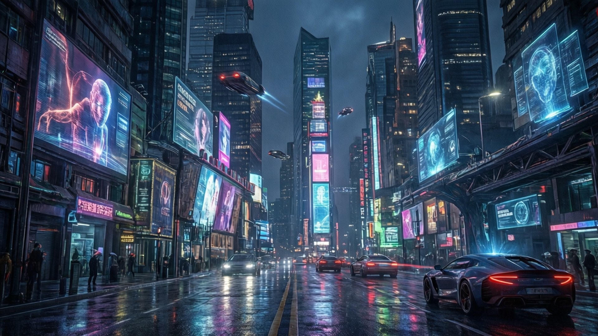 夜晚的未來城市街道，有霓虹燈、雨反射和飛車