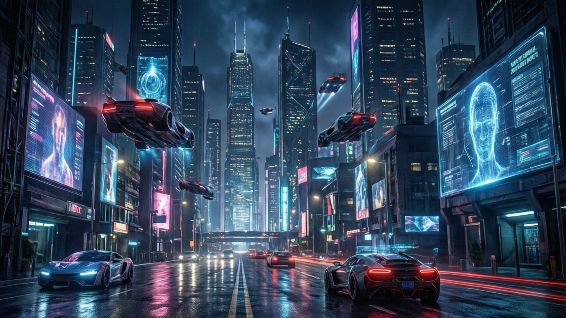 夜晚的未來城市，有飛車和潮濕街道上發光的數碼廣告牌。