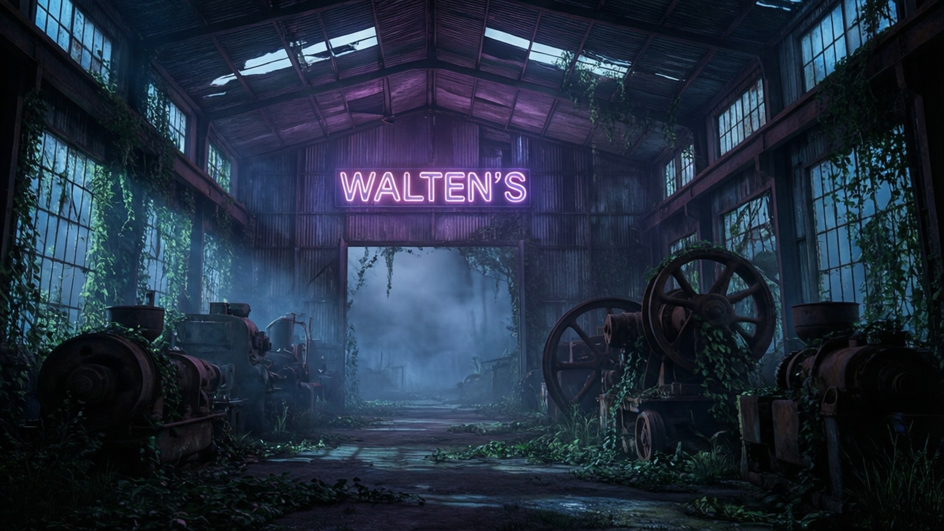 The Walten Files 桌布 壁紙 — 一個寫著WALTEN'S的霓虹燈牌在迷霧籠罩、藤蔓叢生、機器生鏽的廢棄工廠中發出紫色光芒。