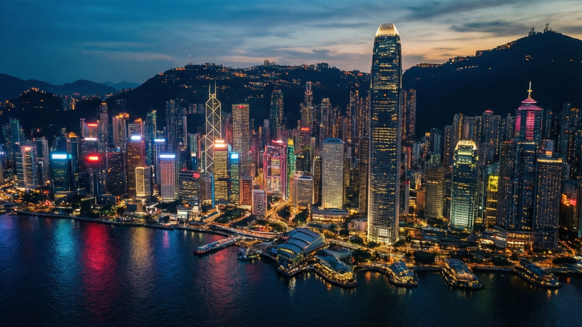 充滿活力的霓虹燈倒影與璀璨高樓交織的香港夜景天際線。