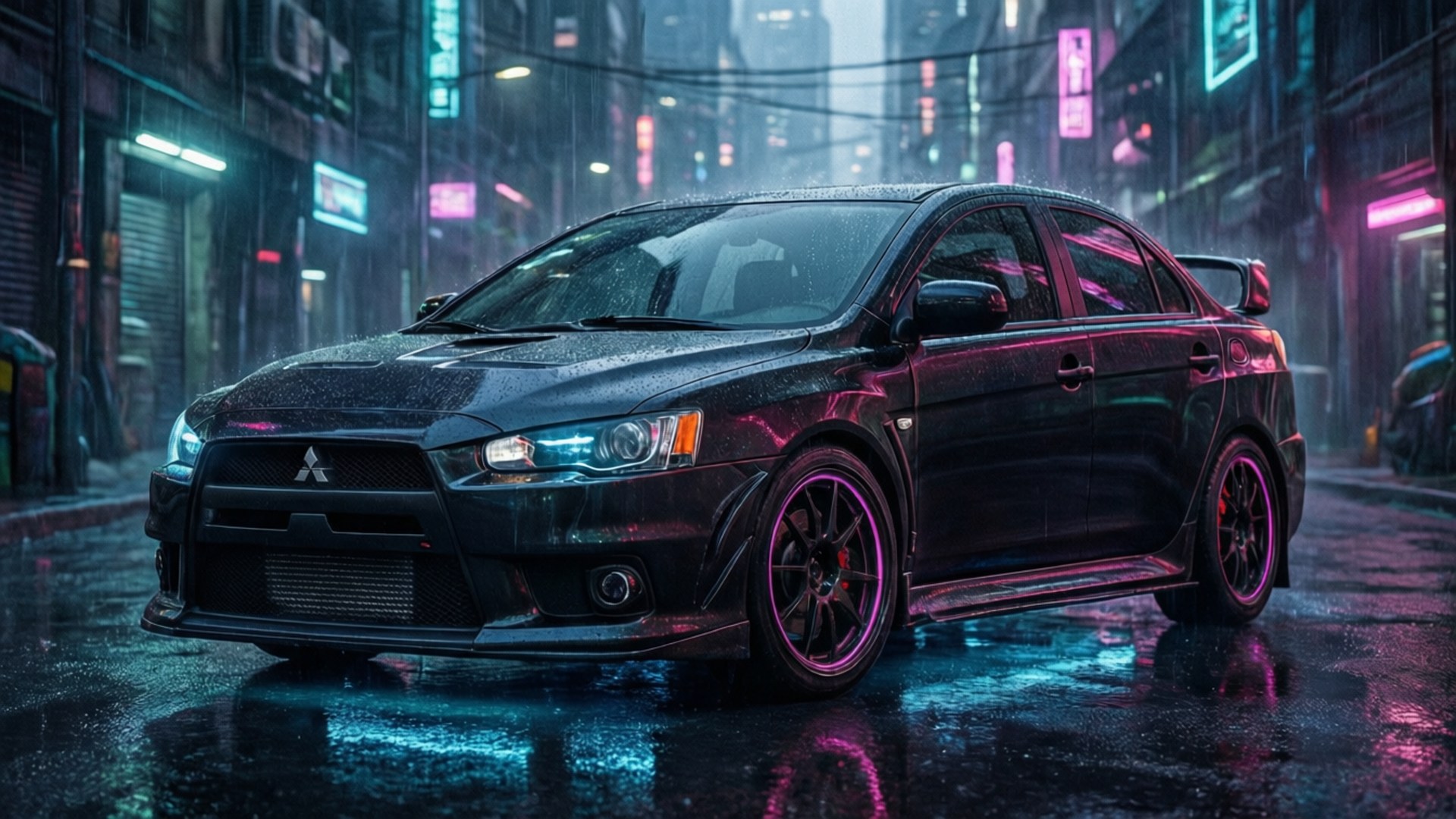 黑色三菱Lancer Evolution在夜間濕潤的霓虹燈街道上