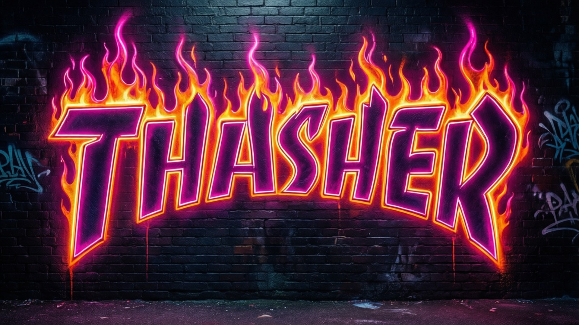 霓虹紫和橙色火焰塗鴉在深色磚牆上拼出「THASHER」。