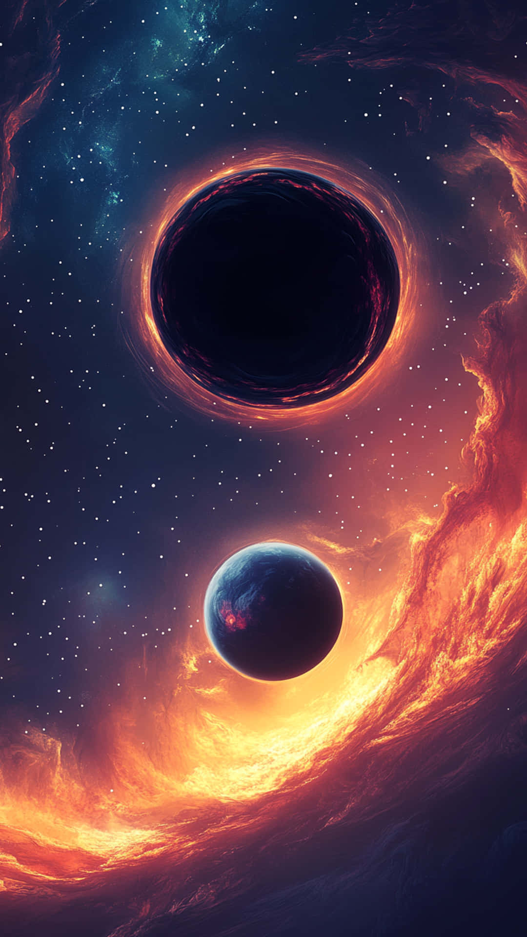 一個黑洞和行星在熾熱的橙色星雲中運行，背景有藍綠色星星