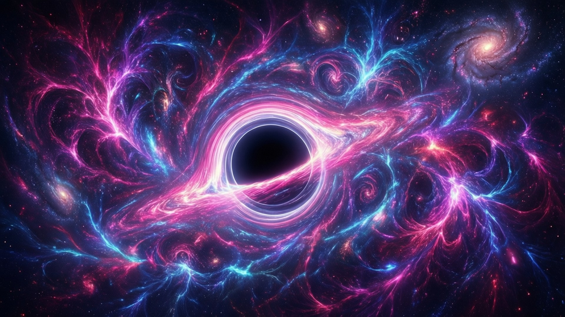 充滿活力的宇宙黑洞，周圍環繞著旋轉的粉紅色和藍色星雲以及遙遠的星系。