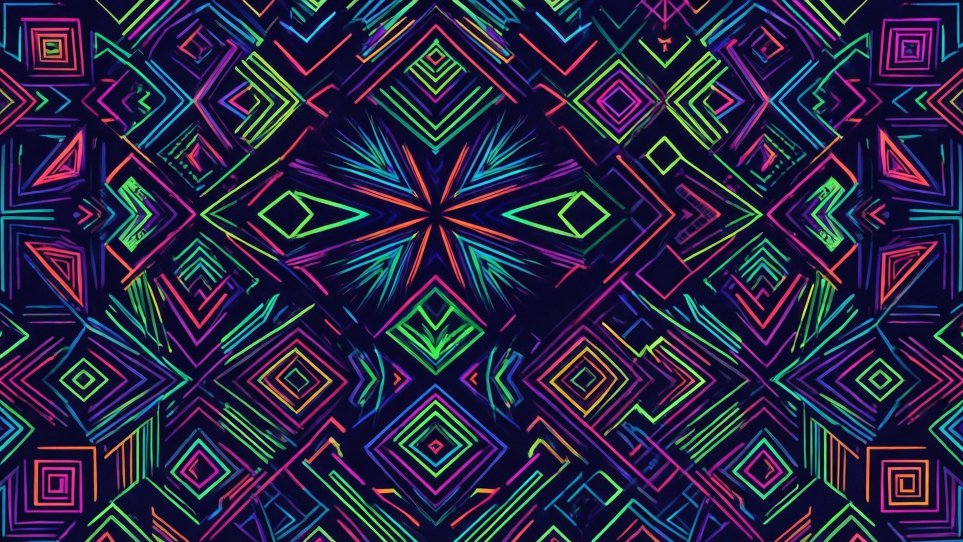 霓虹幾何圖案從中央的星爆向四周輻射，背景為深色。