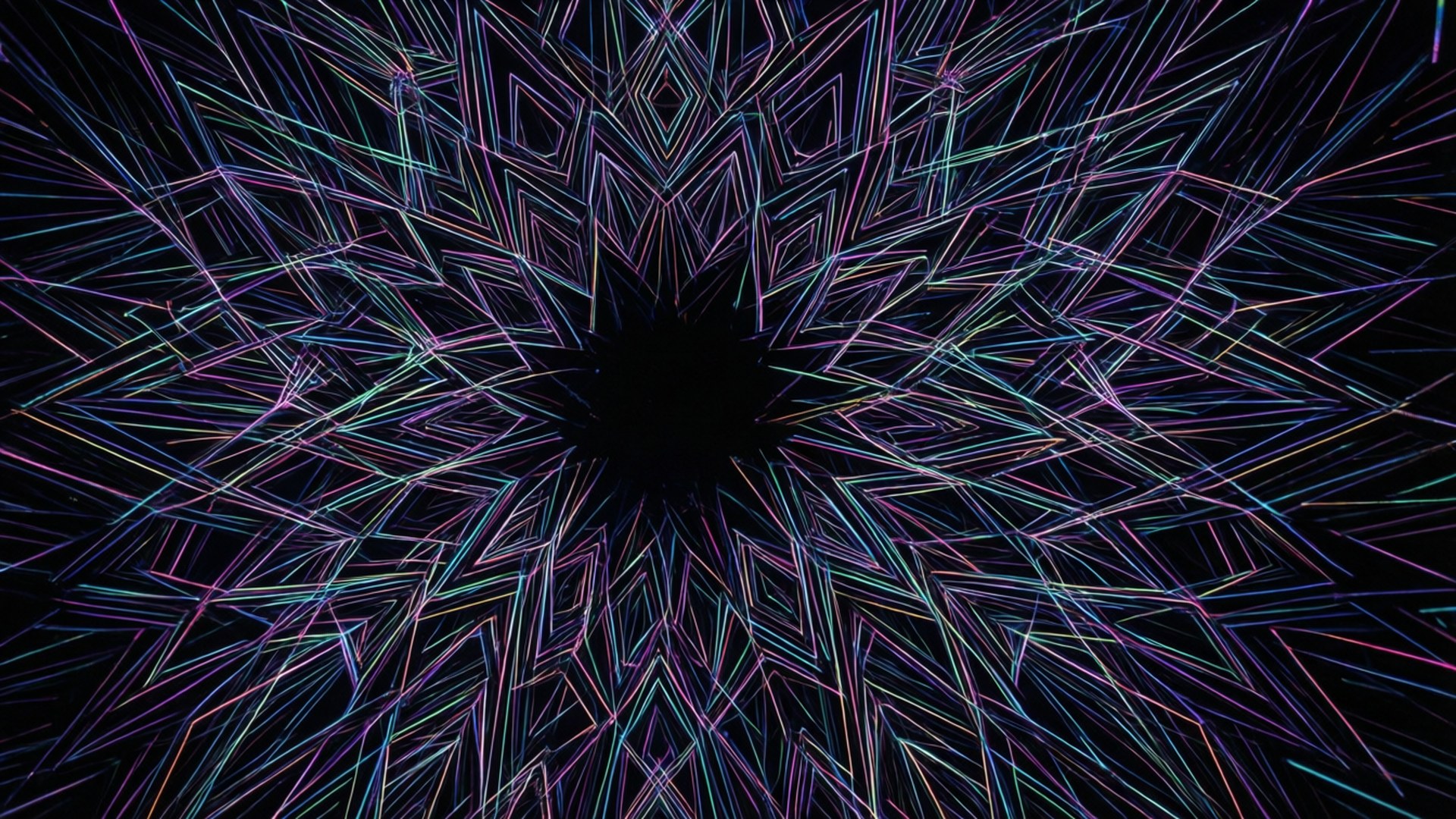 從中央虛空輻射出的發光霓虹線條形成的對稱幾何星爆圖案。