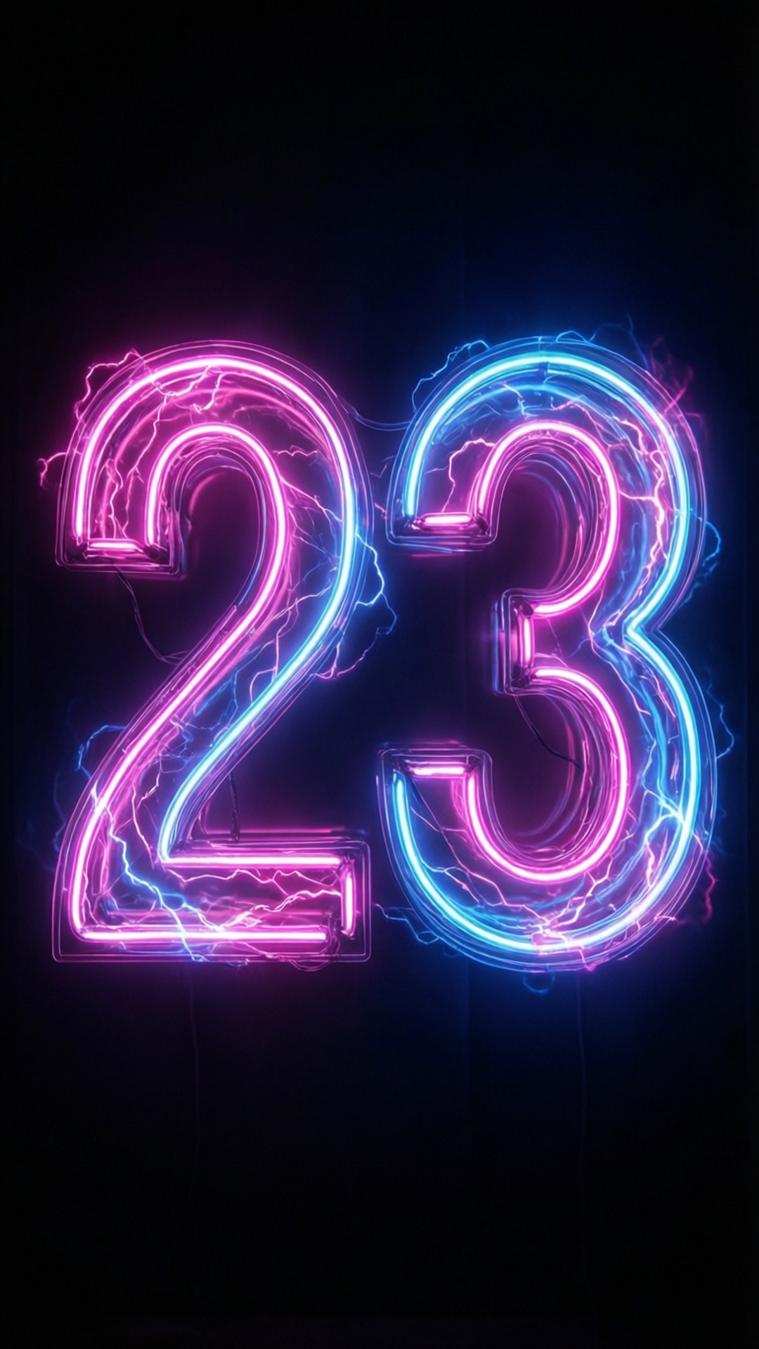 在黑暗背景上帶有電光閃電效果的霓虹數字23。