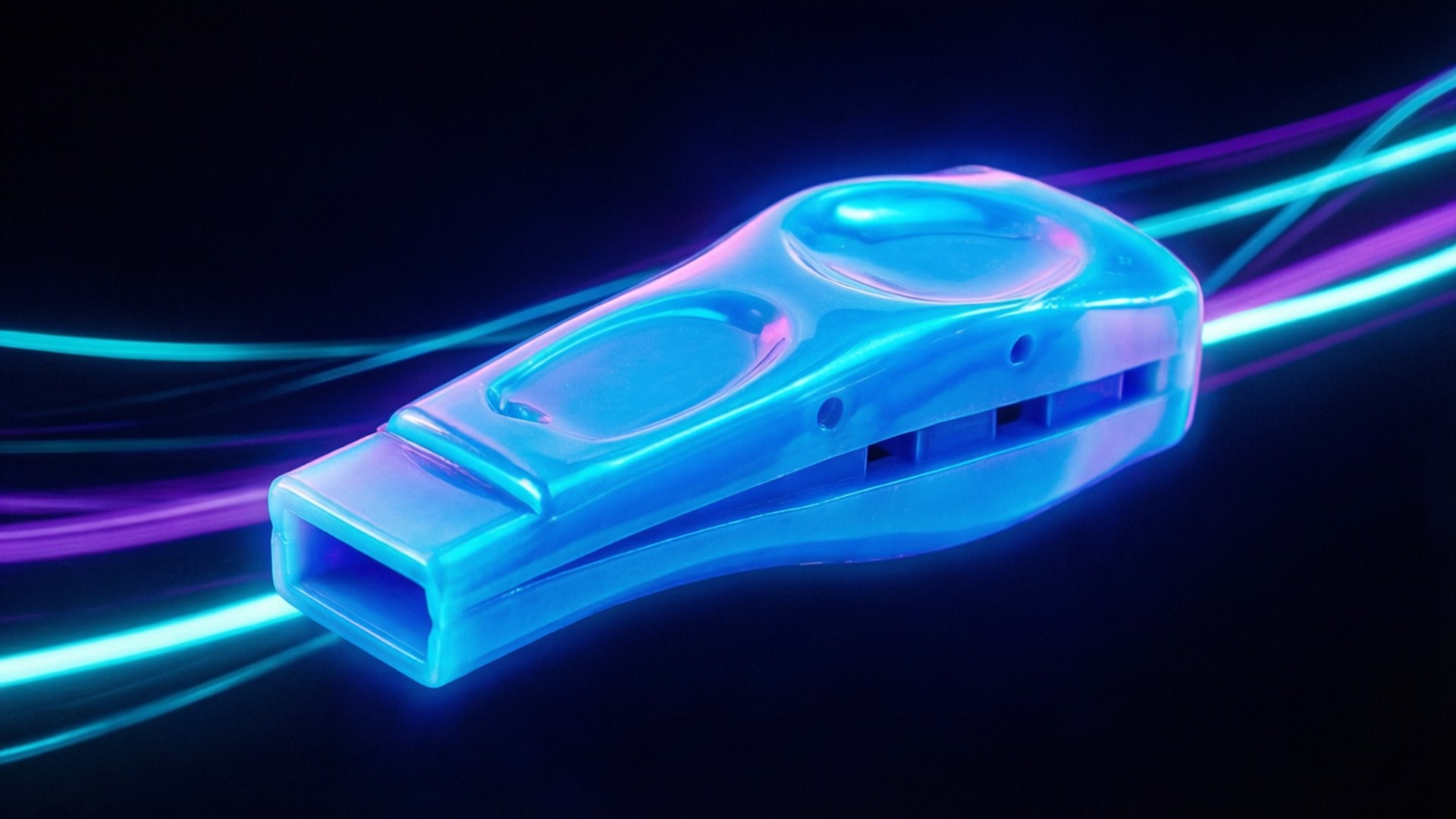 Neon Glow Kazoo 壁紙 — 一個半透明藍色塑膠哨子在黑暗背景上發光，背景帶有霓虹藍和紫色光跡。