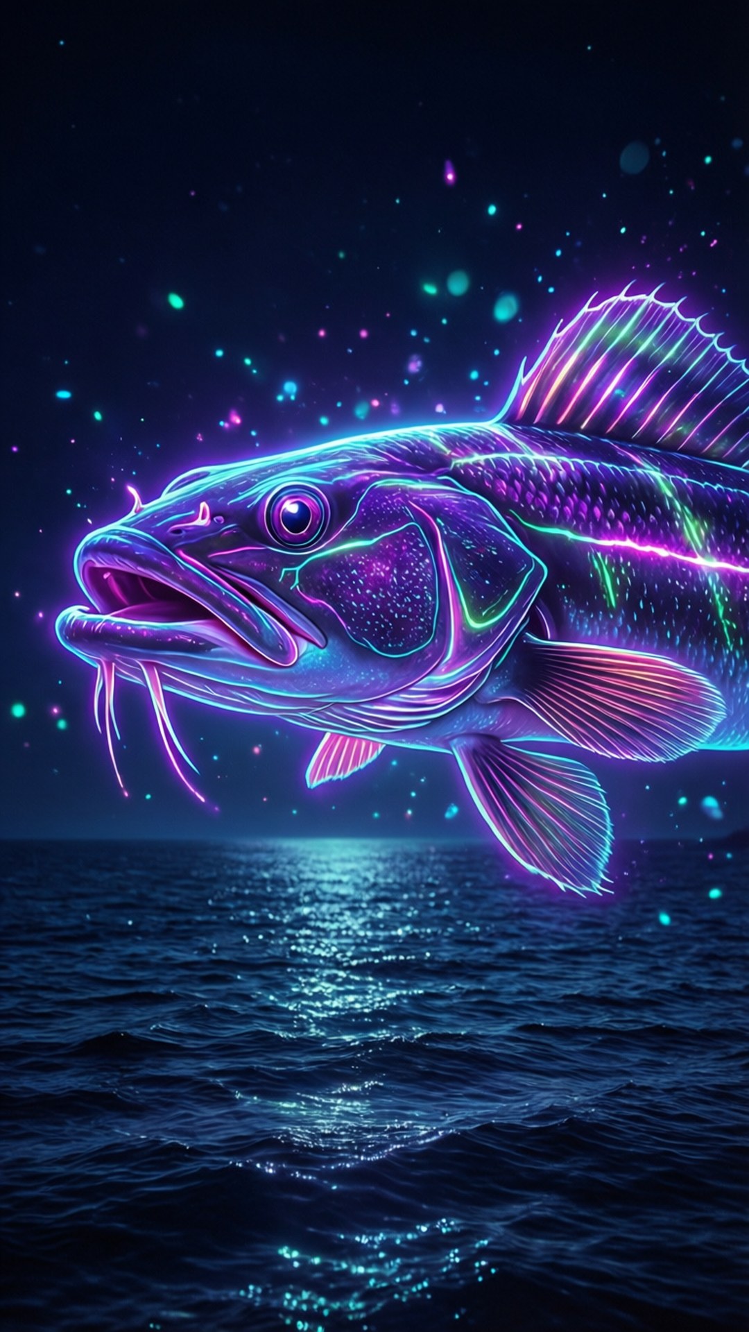 在繁星點點的夜空下從黑暗海洋中躍起的發光霓虹魚