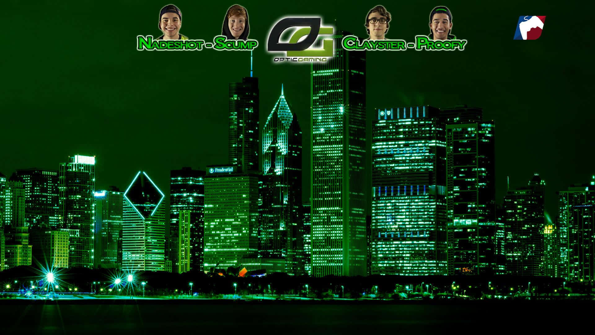 Optic Gaming 桌布 壁紙 — 夜晚霓虹綠燈照亮嘅城市天際線，發光嘅摩天大廈同上面嘅遊戲團隊標誌。