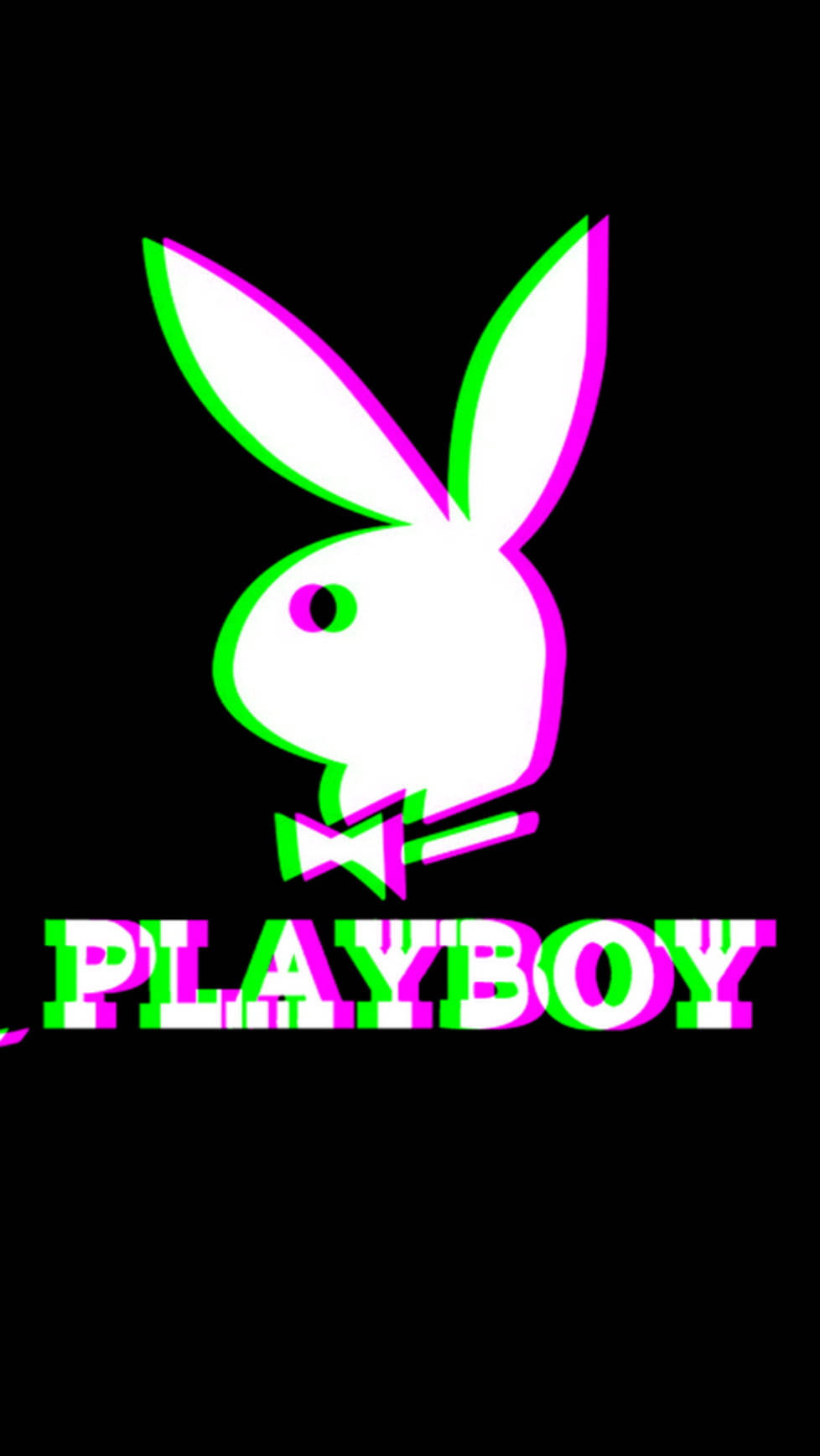 Playboy兔仔標誌在黑色背景上發出螢光綠和粉紅色的光芒。