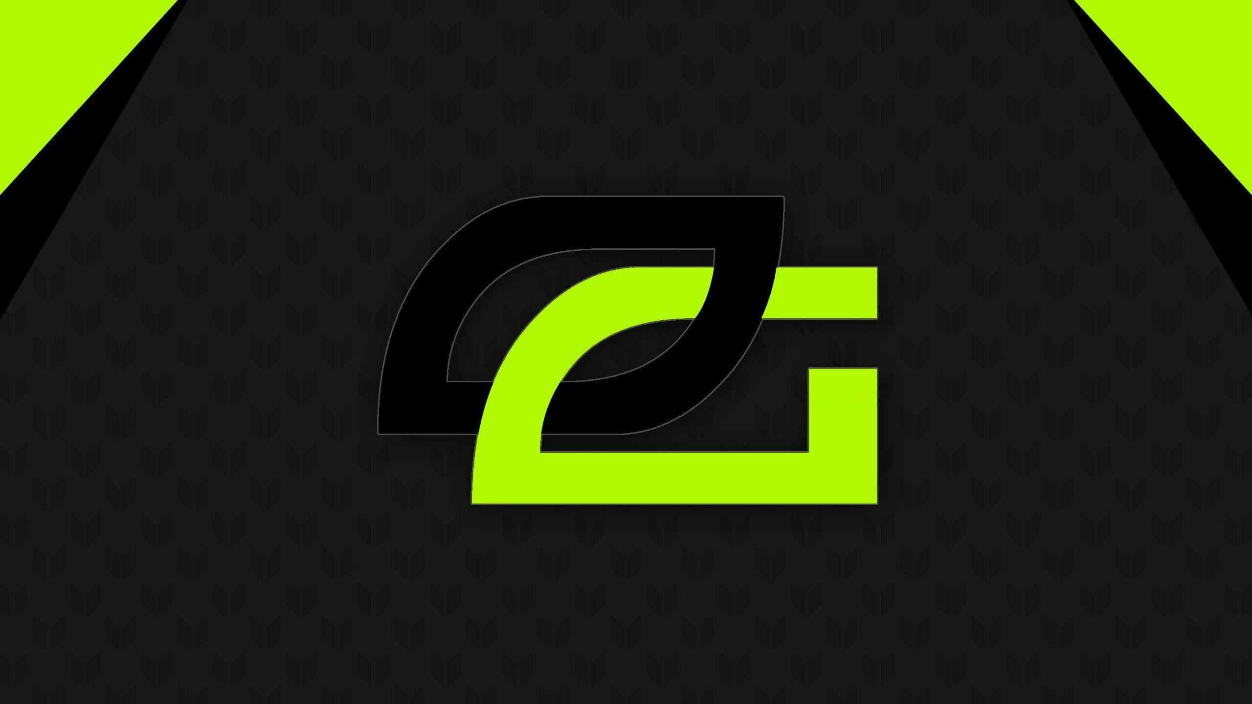 Optic Gaming 桌布 壁紙 — 一個大膽的螢光綠色風格化G標誌，居中於黑色背景上，帶有微妙的重複圖案和尖銳的棱角點綴。