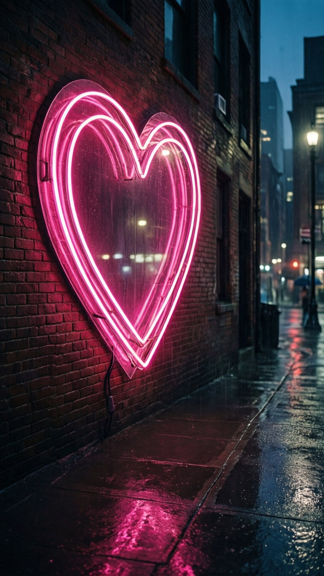 雨夜城市街道上濕漉漉的磚牆上的粉紅色霓虹心形標誌