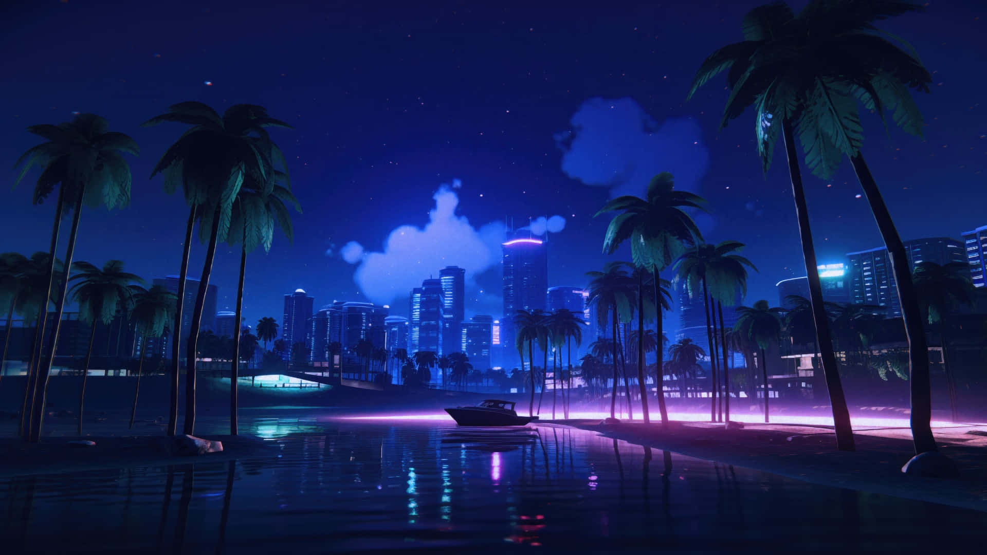  壁紙 — 夜晚霓虹燈照亮嘅城市天際線喺棕櫚樹旁邊嘅水面倒映，星空下。