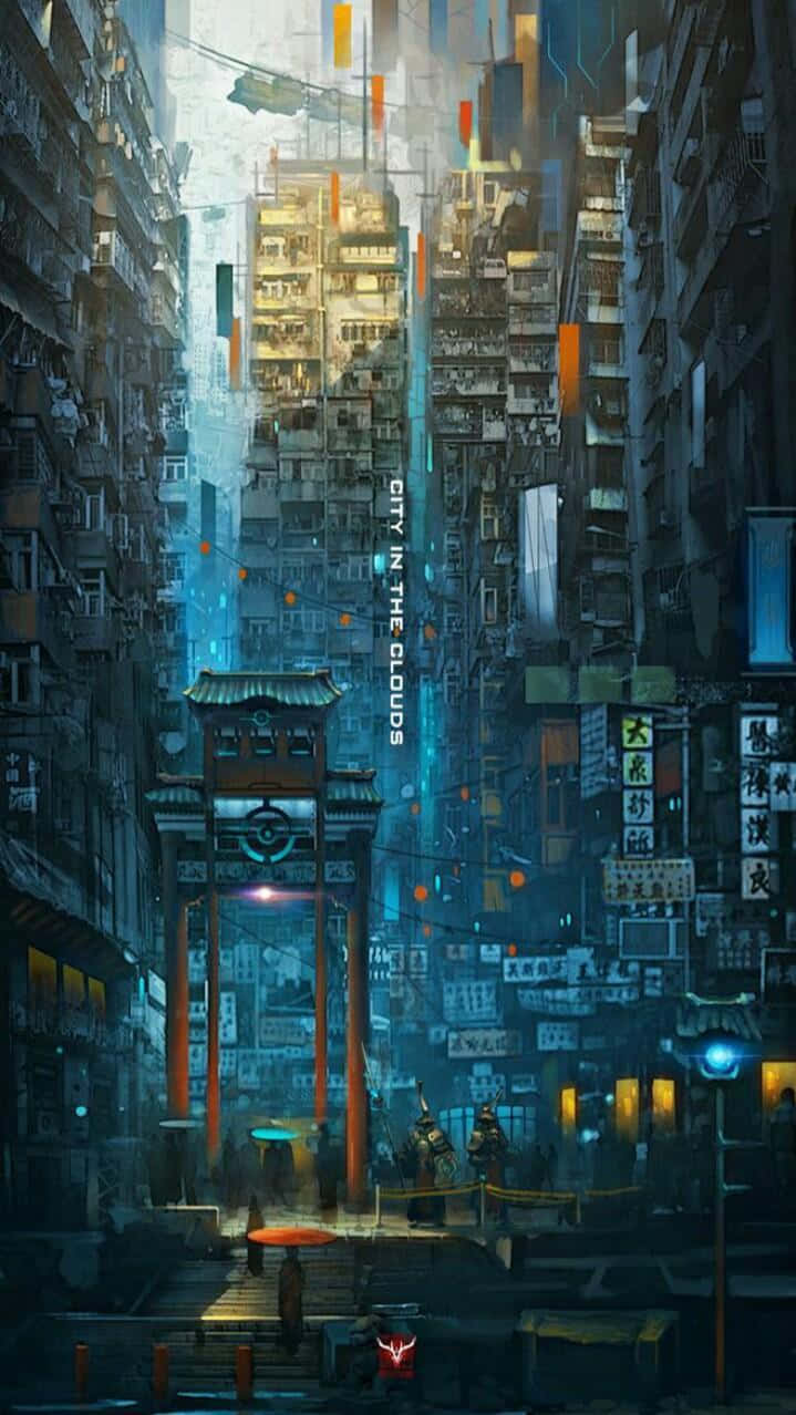  壁紙 — 霓虹燈照亮嘅未來城市景觀，有高聳嘅摩天大樓同傳統門樓，隱藏喺迷霧雲層之中。