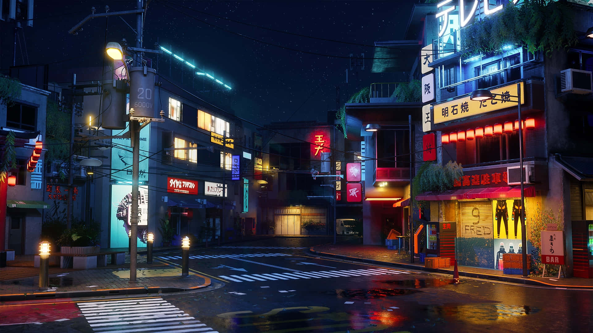  壁紙 — 夜晚霓虹燈照亮嘅日本城市街道，濕漉漉嘅行人路反射住發光嘅招牌同街燈，天空仲有星星。