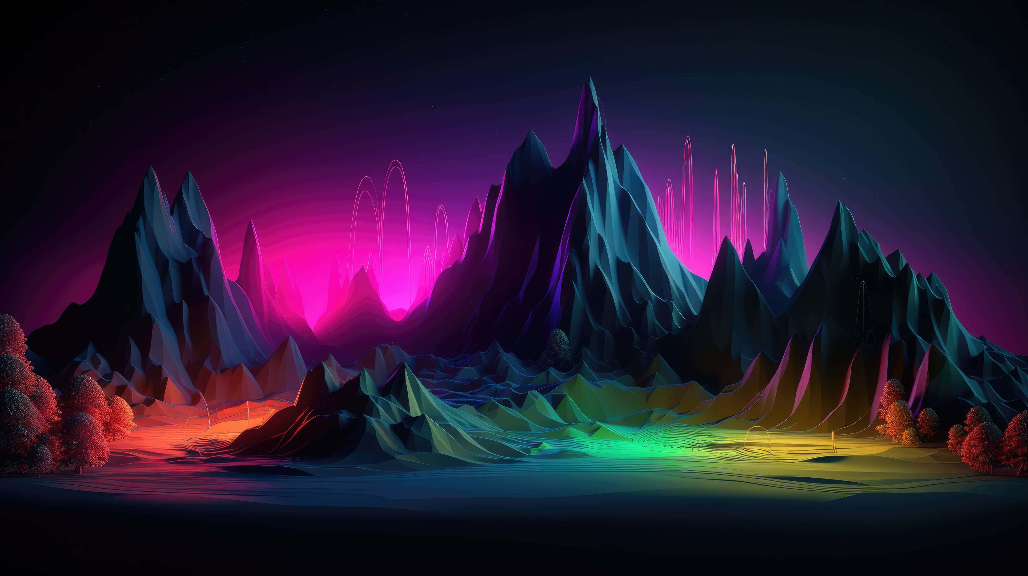 Abstract Landscape 桌布 壁紙 — 一條霓虹燈照亮的山脈在黑暗的天空下散發出充滿活力的粉紅色、紫色和藍綠色色調，上方有發光的弧線。