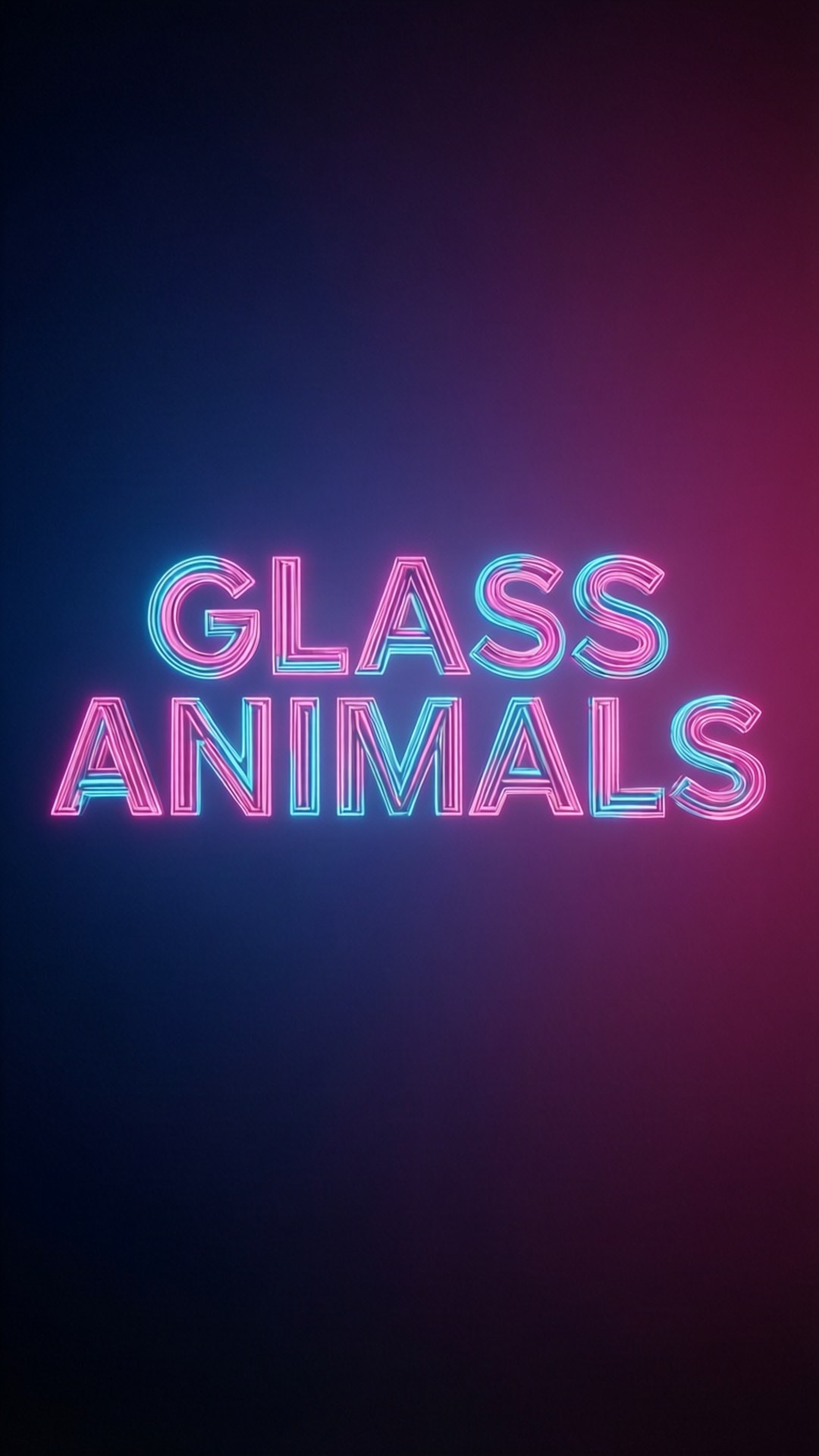 霓虹粉紅和藍色 'GLASS ANIMALS' 文字在深色漸變背景上發光