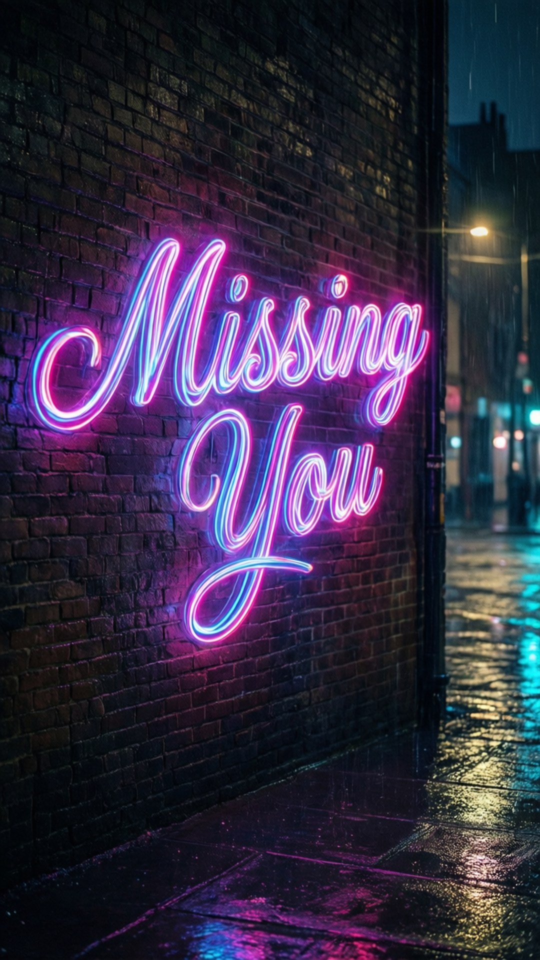 寫著「Missing You」的霓虹燈牌在雨夜中照亮濕漉漉的磚牆